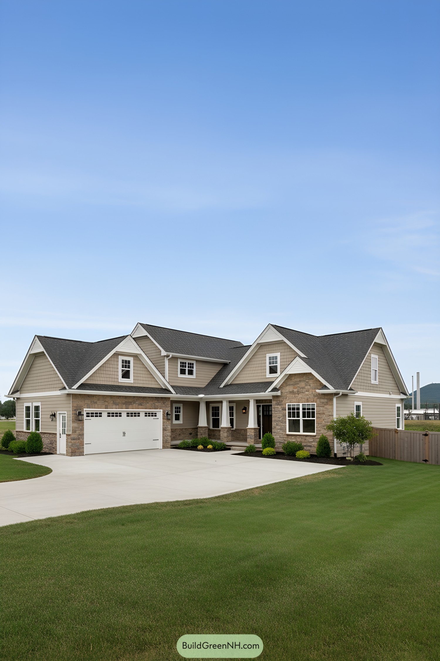 Beige gabled house with stone accents and porch