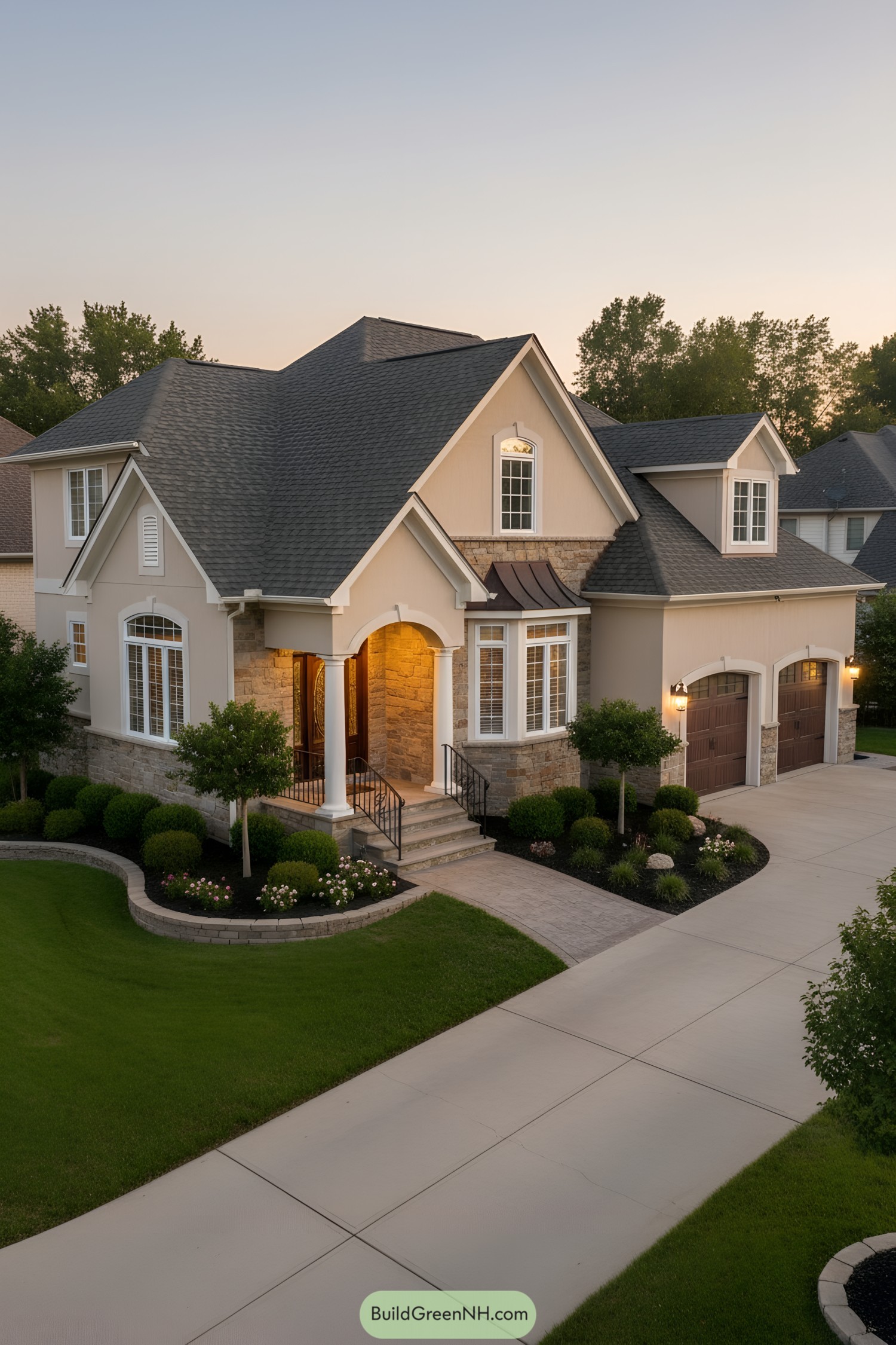 Two-story suburban home with stone accents and arched gables at dusk