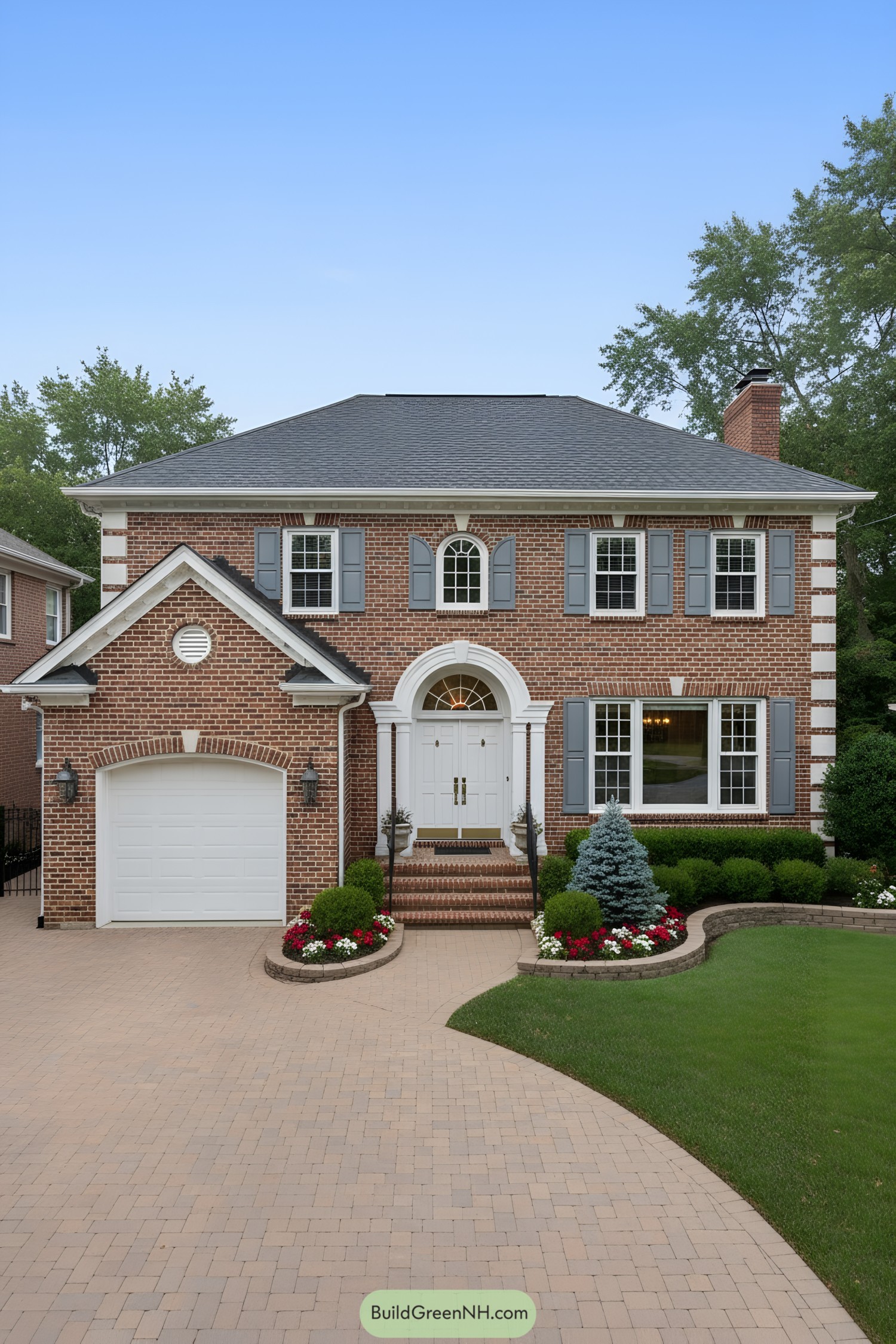 Red brick two-story with gray shutters, arched doorway, and attached garage
