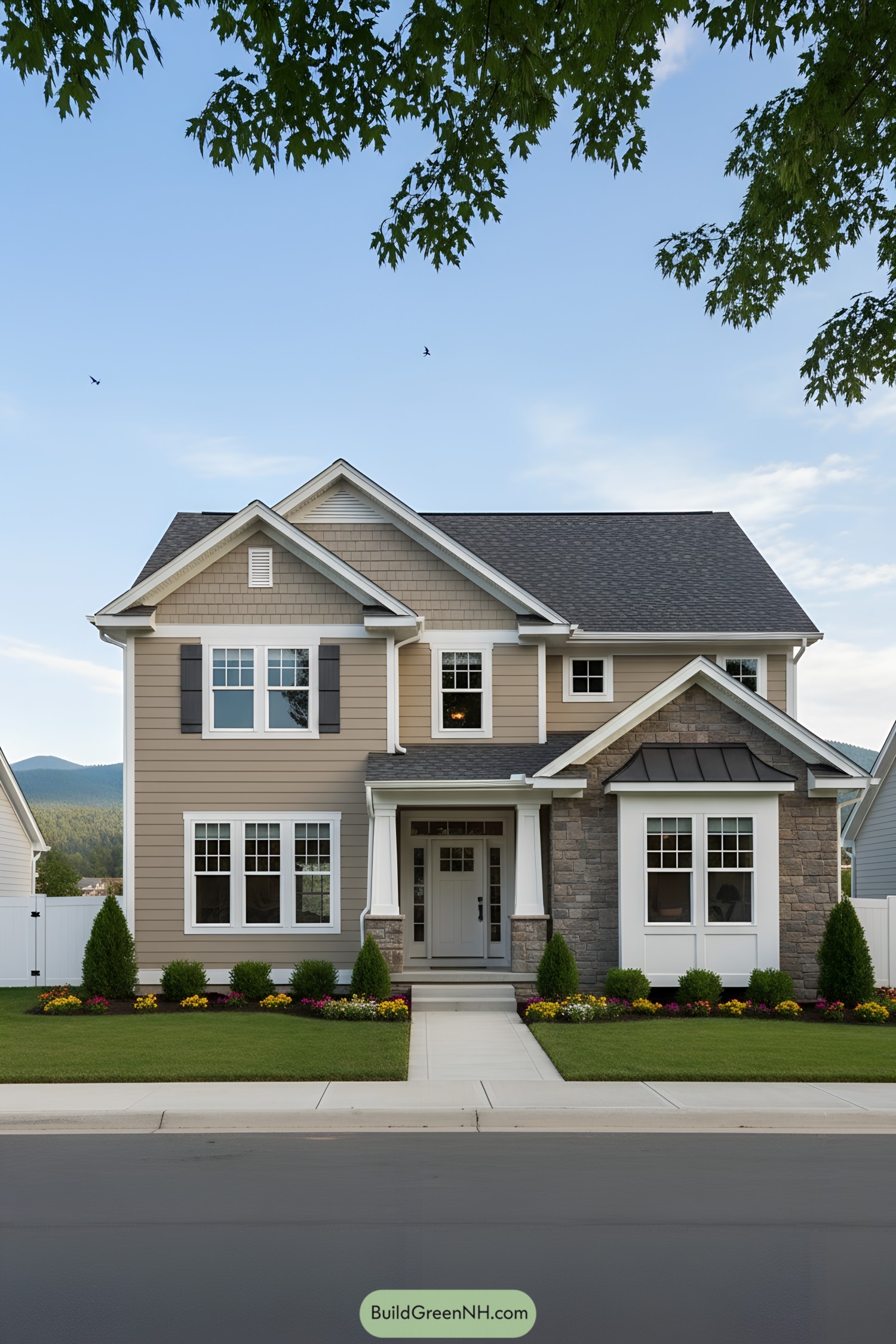 Two-story suburban house with tan siding, stone accent wing, gabled roof, and tidy front yard