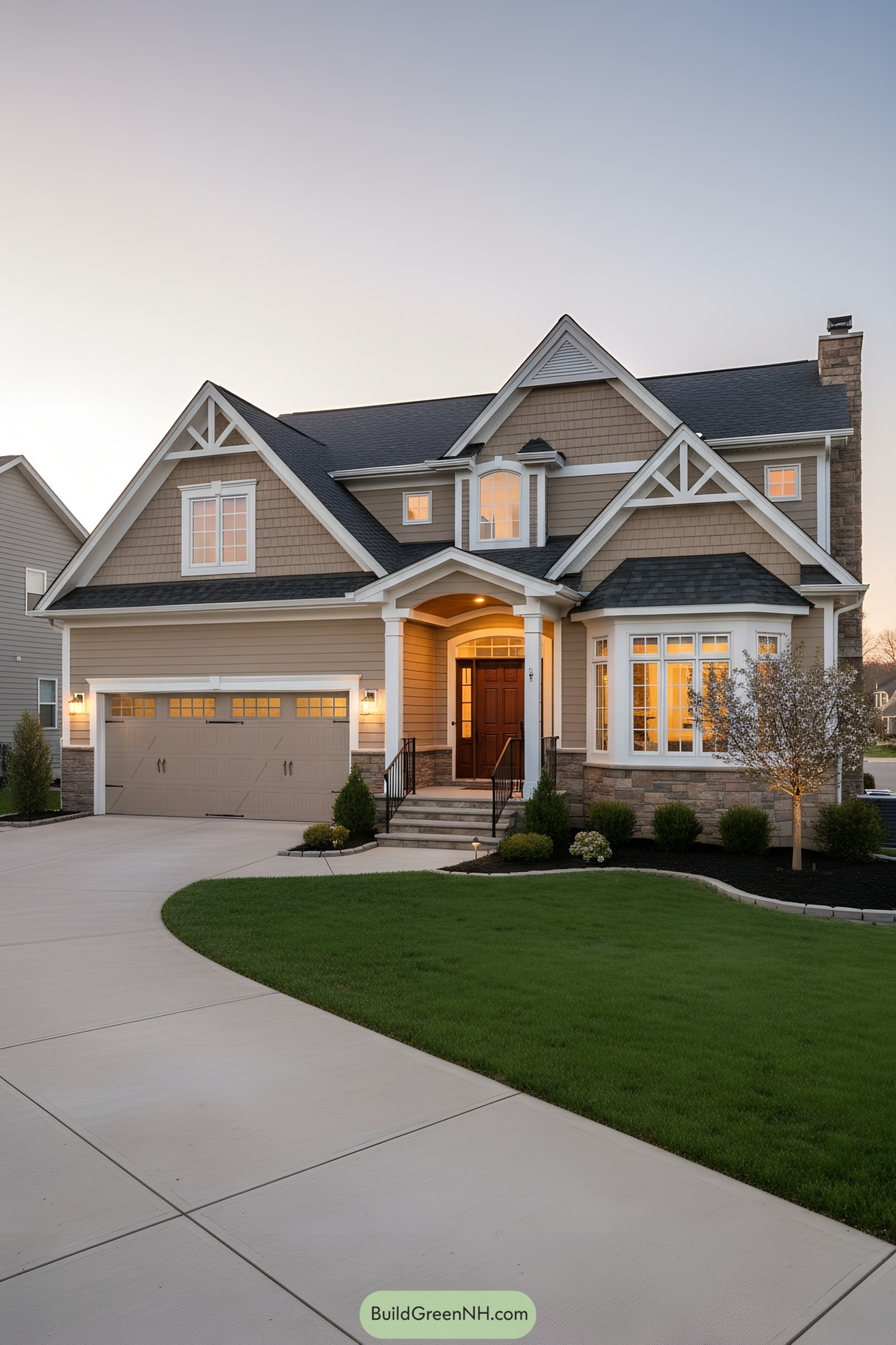 Two-story suburban house with mixed siding, gables, and bay window at dusk