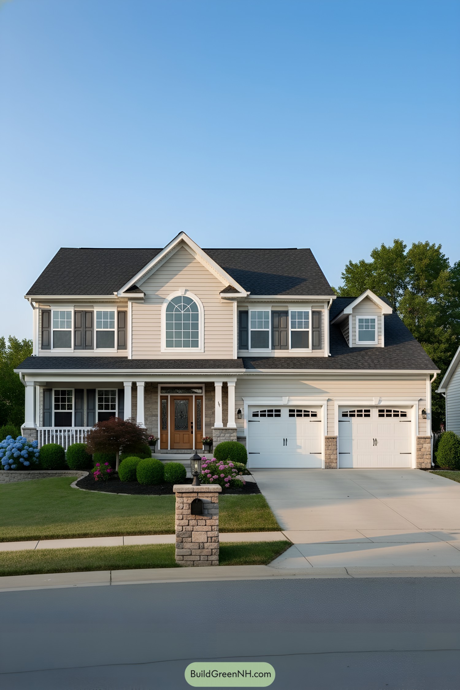 Two-story beige siding home with gables, arched window, front porch, and dual garages
