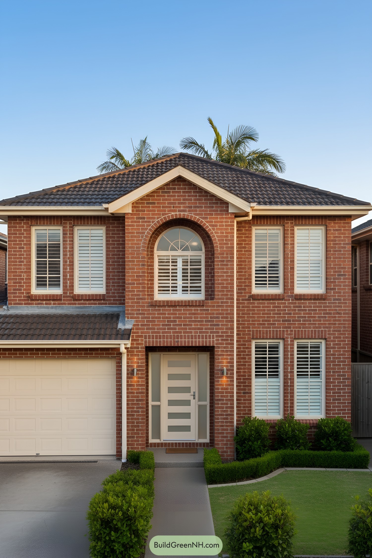 Two-story red-brick house with gable and shutters