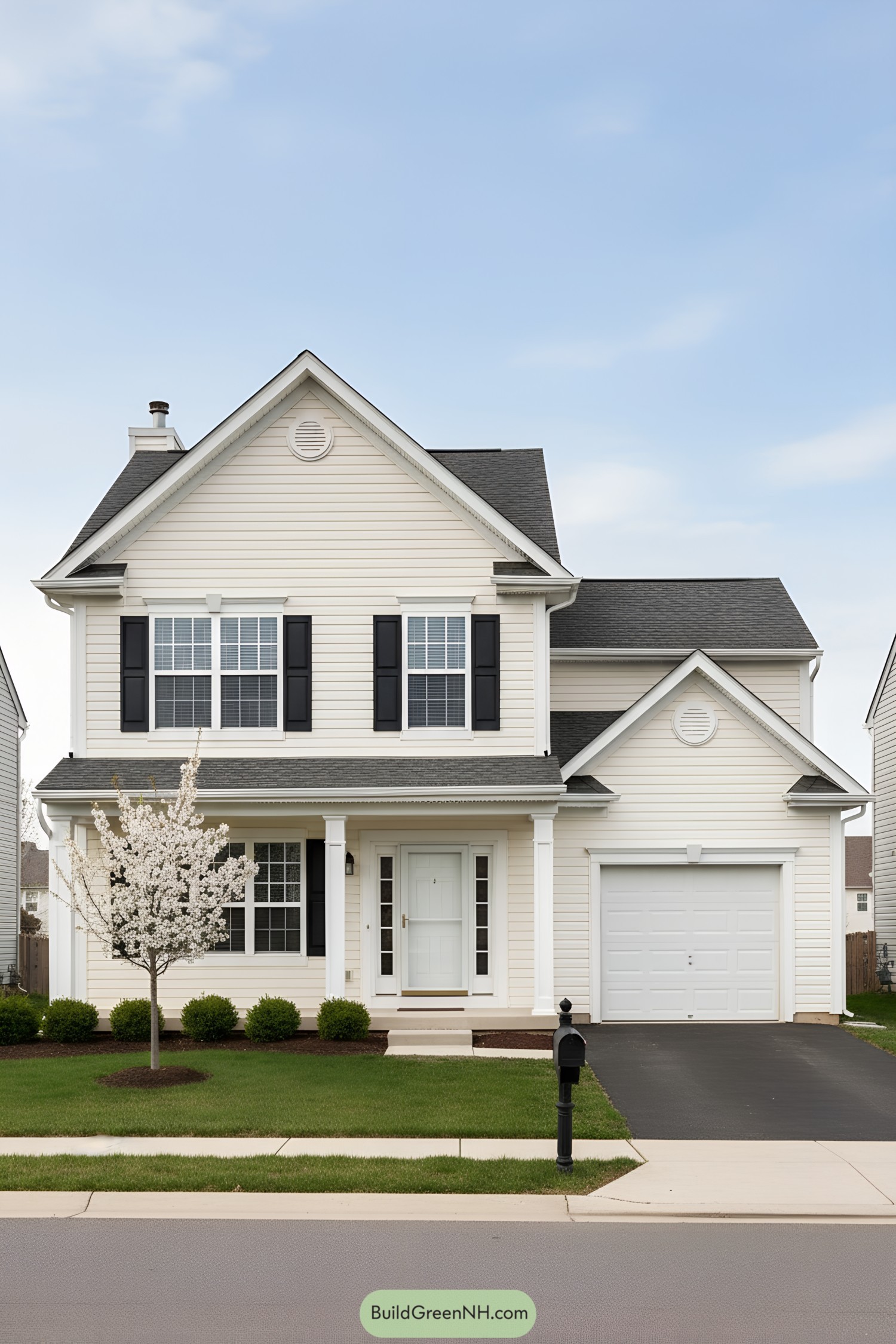 Cream siding two-story with black shutters and a front porch beside a single-car garage