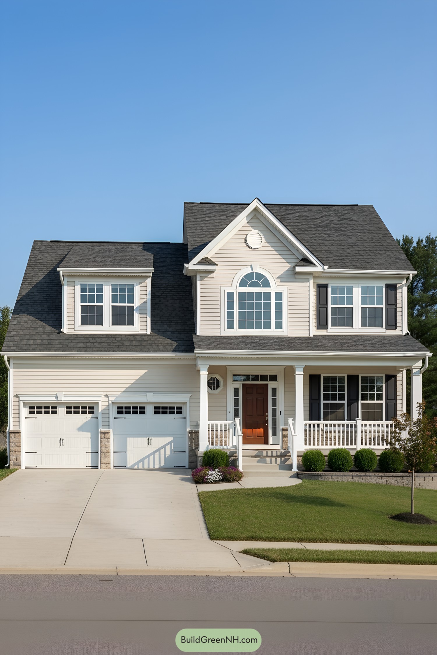 Two-story beige siding home with gables, Palladian window, double garage, and front porch