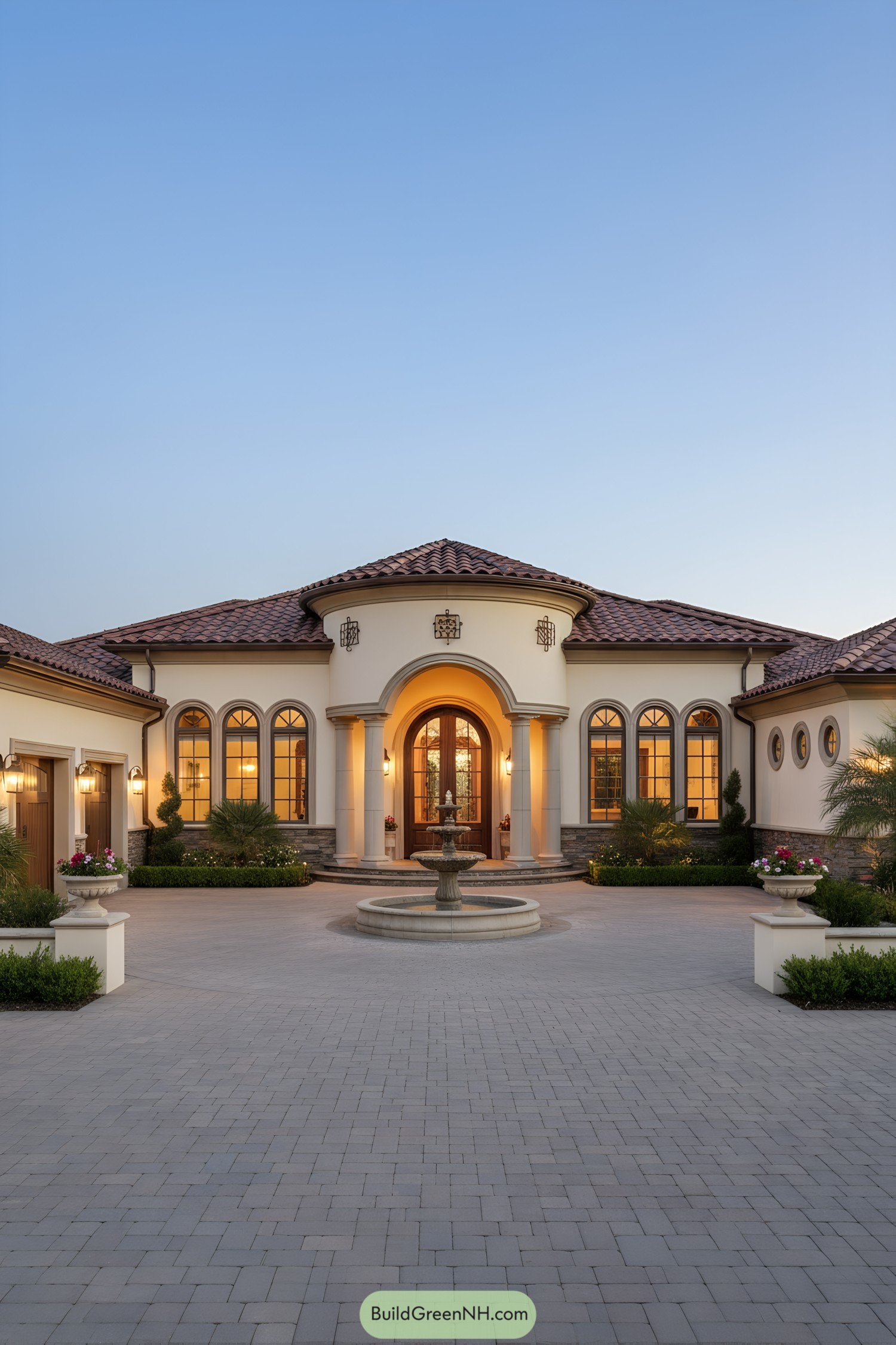 Stucco villa with arched windows and fountain