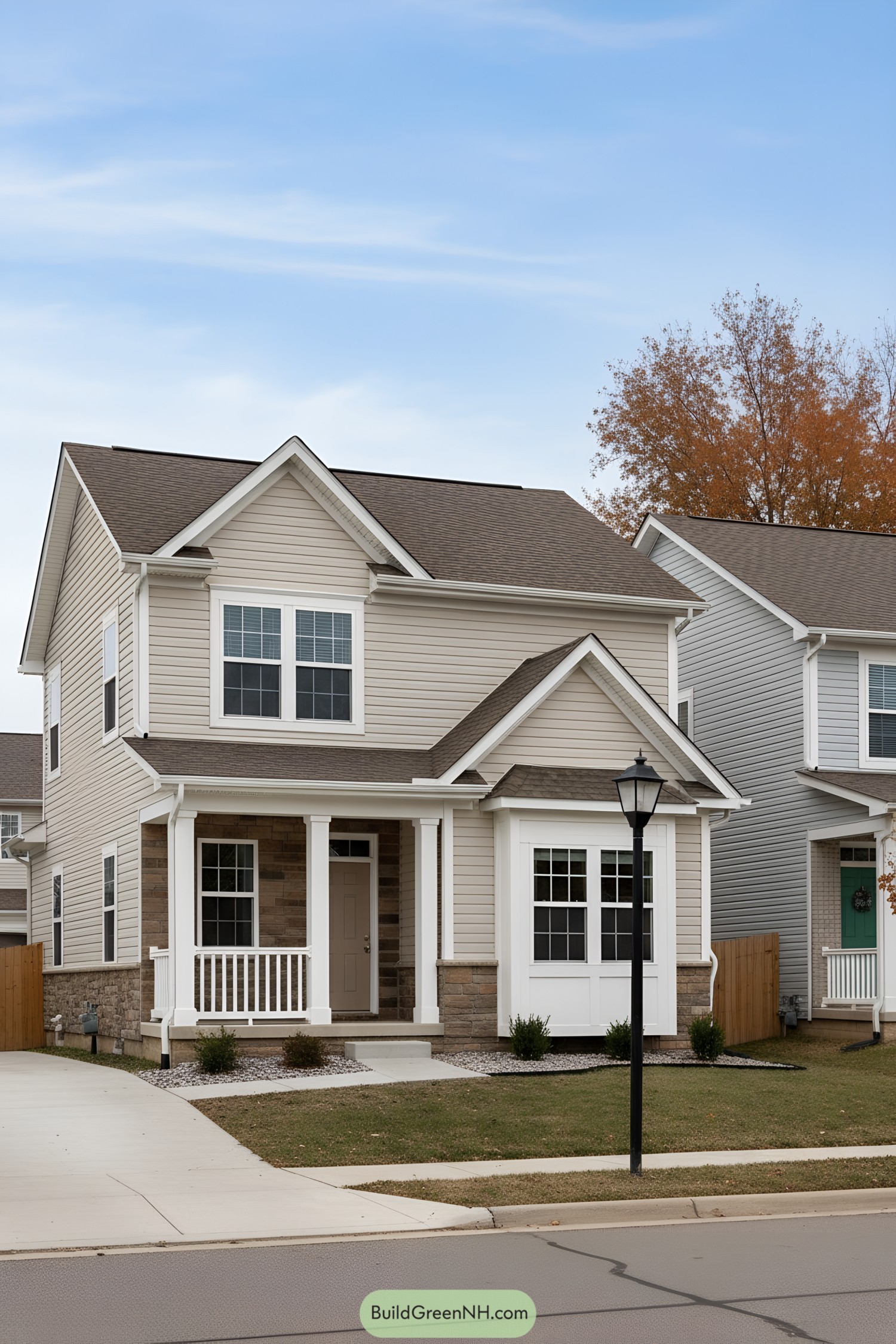 Two-story beige siding house with stone accents and small front porch