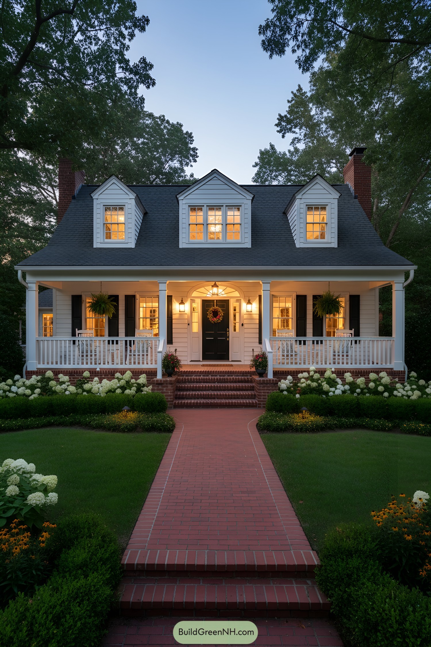 White clapboard home with dormers, wraparound porch, and brick steps framed by hydrangeas at dusk