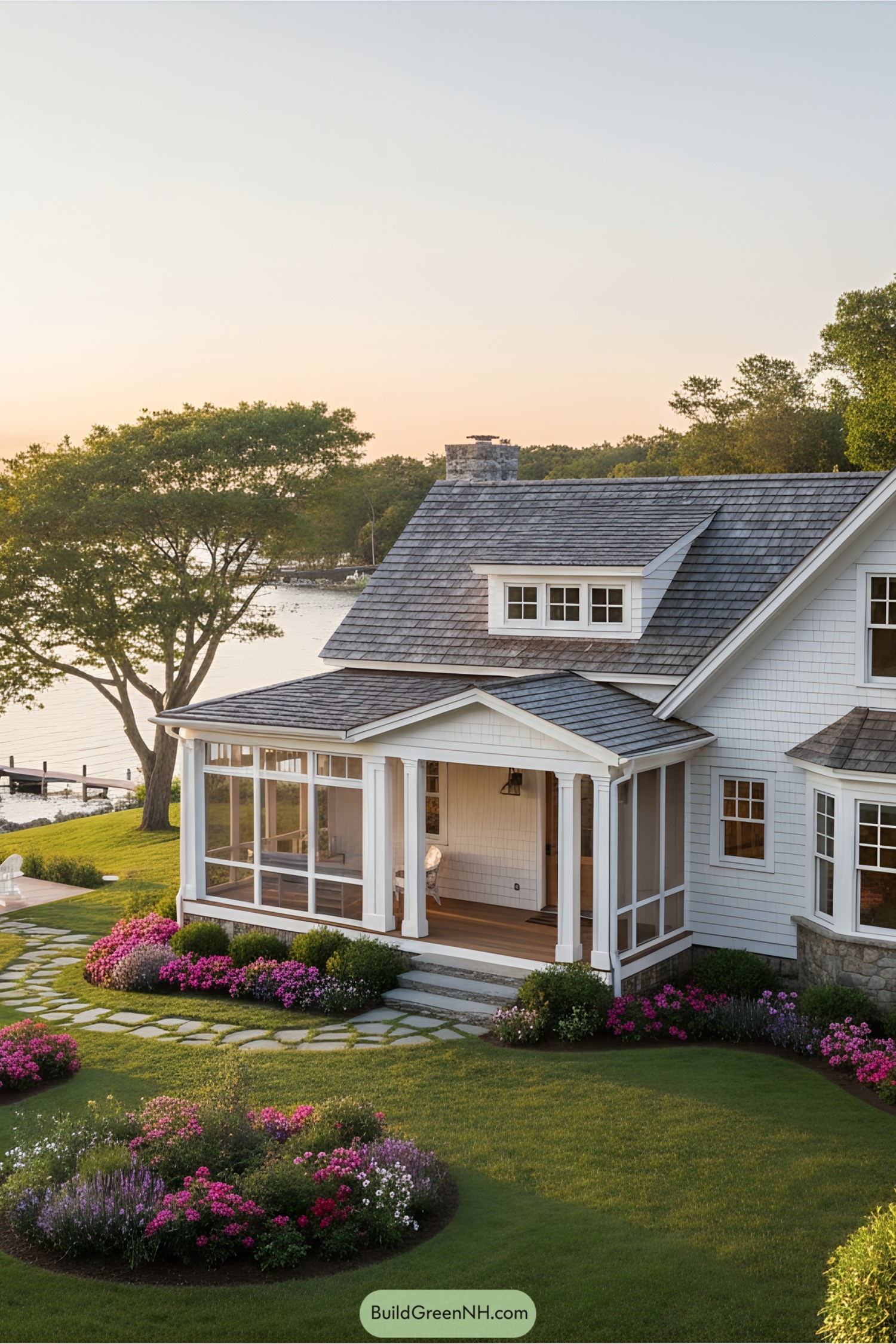 White shingle cottage with screened porch by a lake