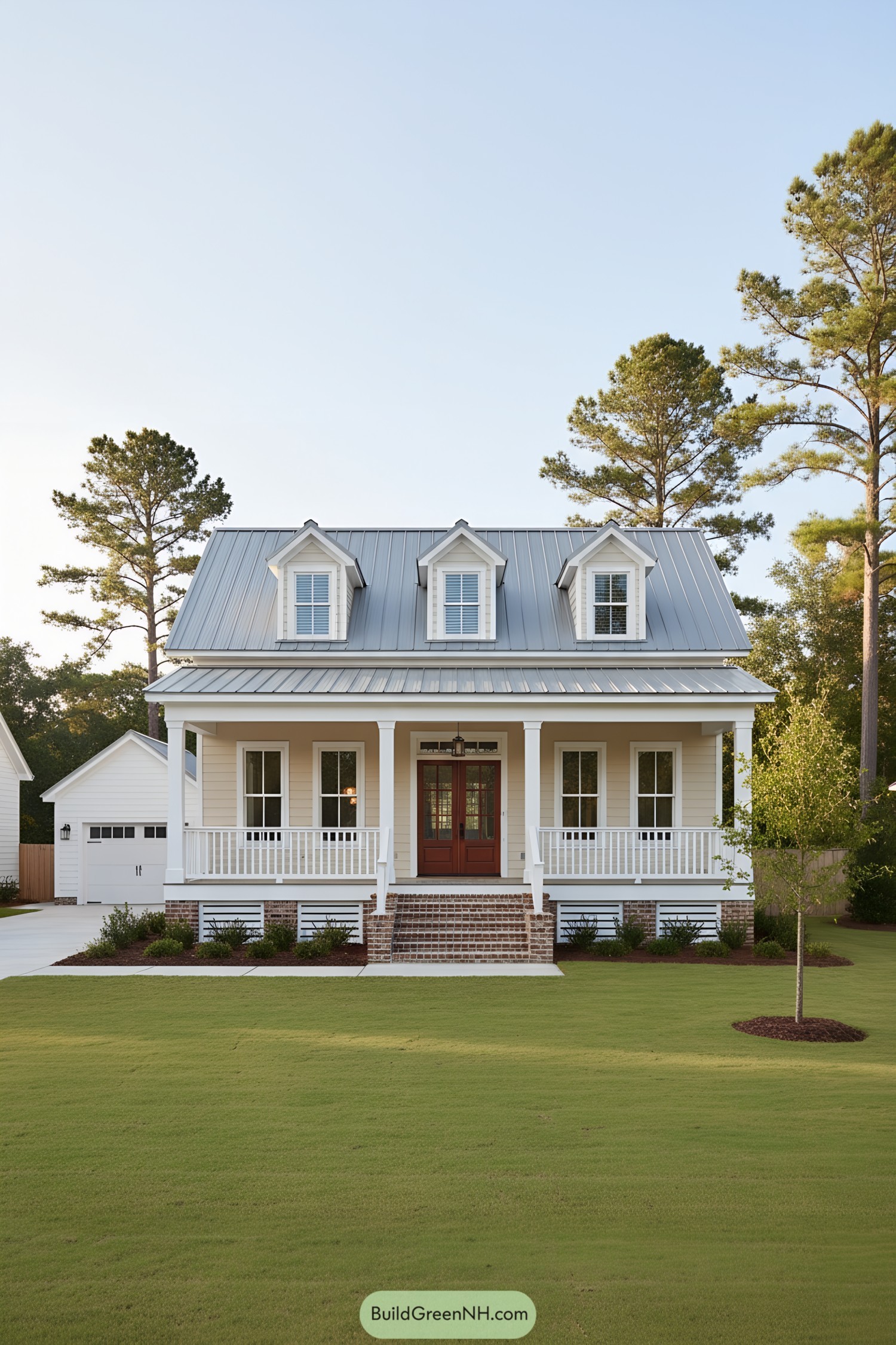 White clapboard cottage with metal roof, dormers, and wraparound front porch