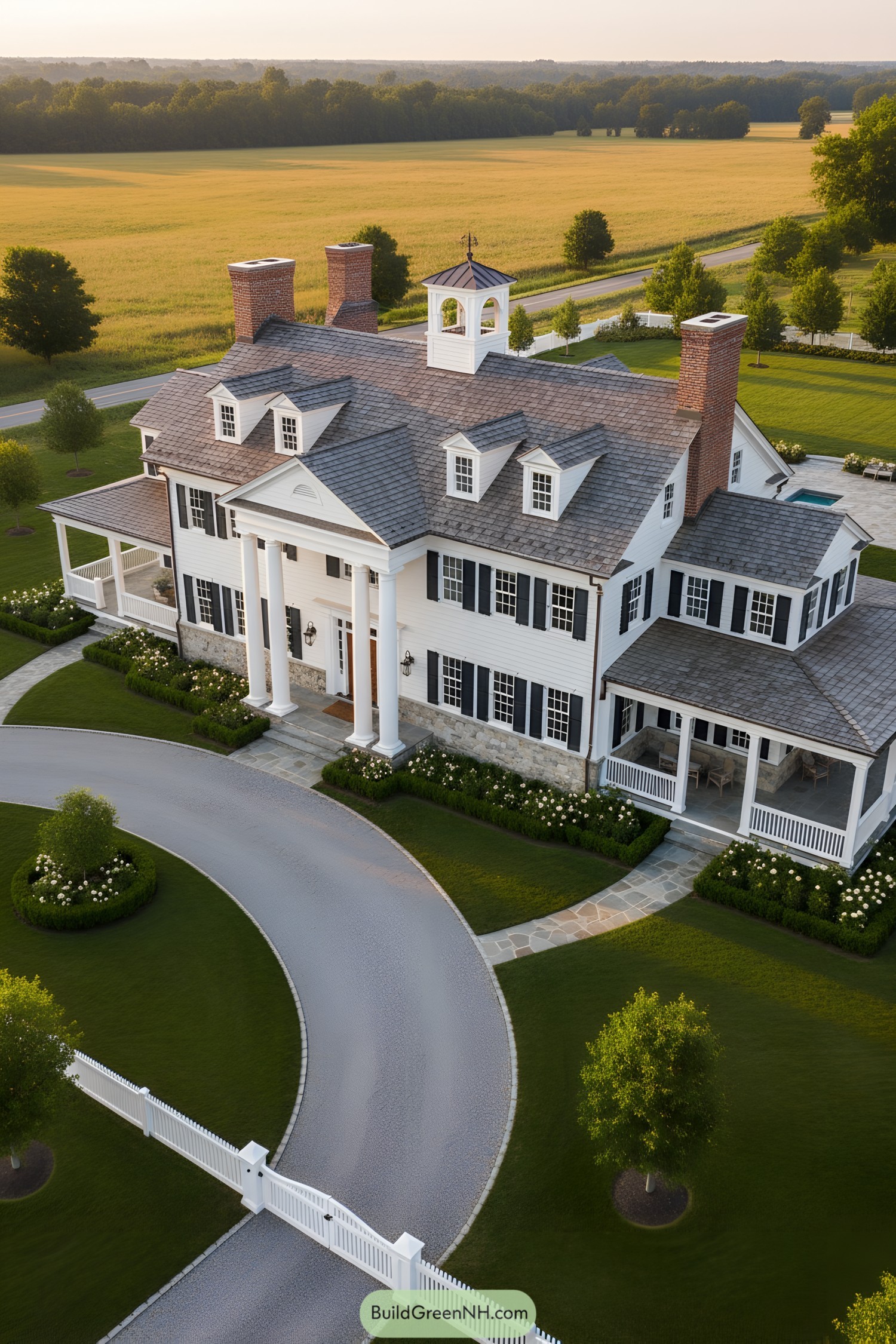 Grand white manor with tall columns and cupola set on a circular drive amid open fields