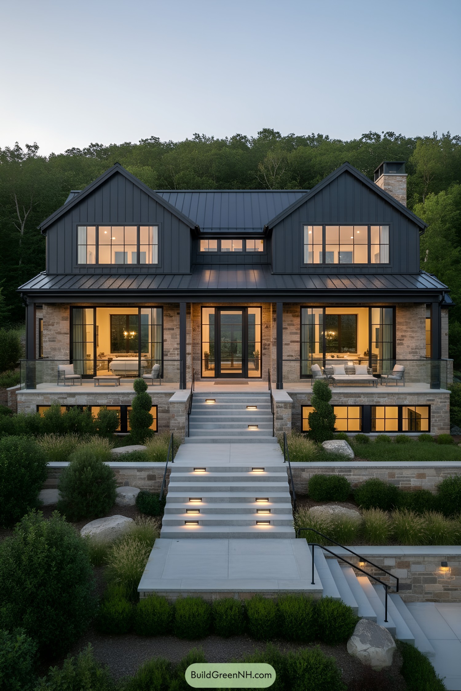 Two-story gabled home with dark metal roof, warm stone facade, and illuminated terraced steps