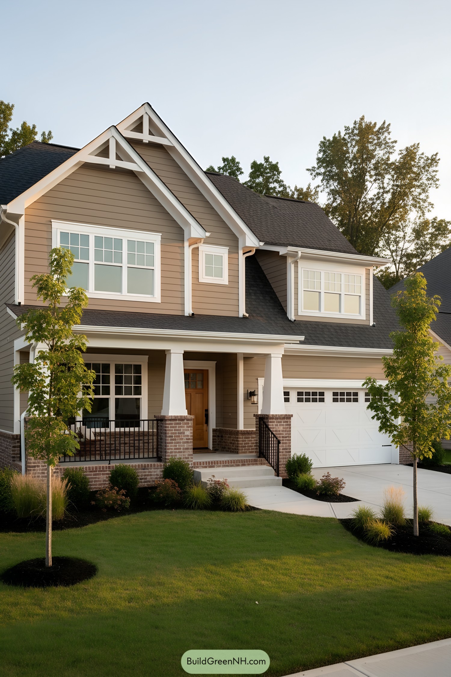 Two-story craftsman-style house with gabled roof, tan siding, and white trim on a manicured lawn