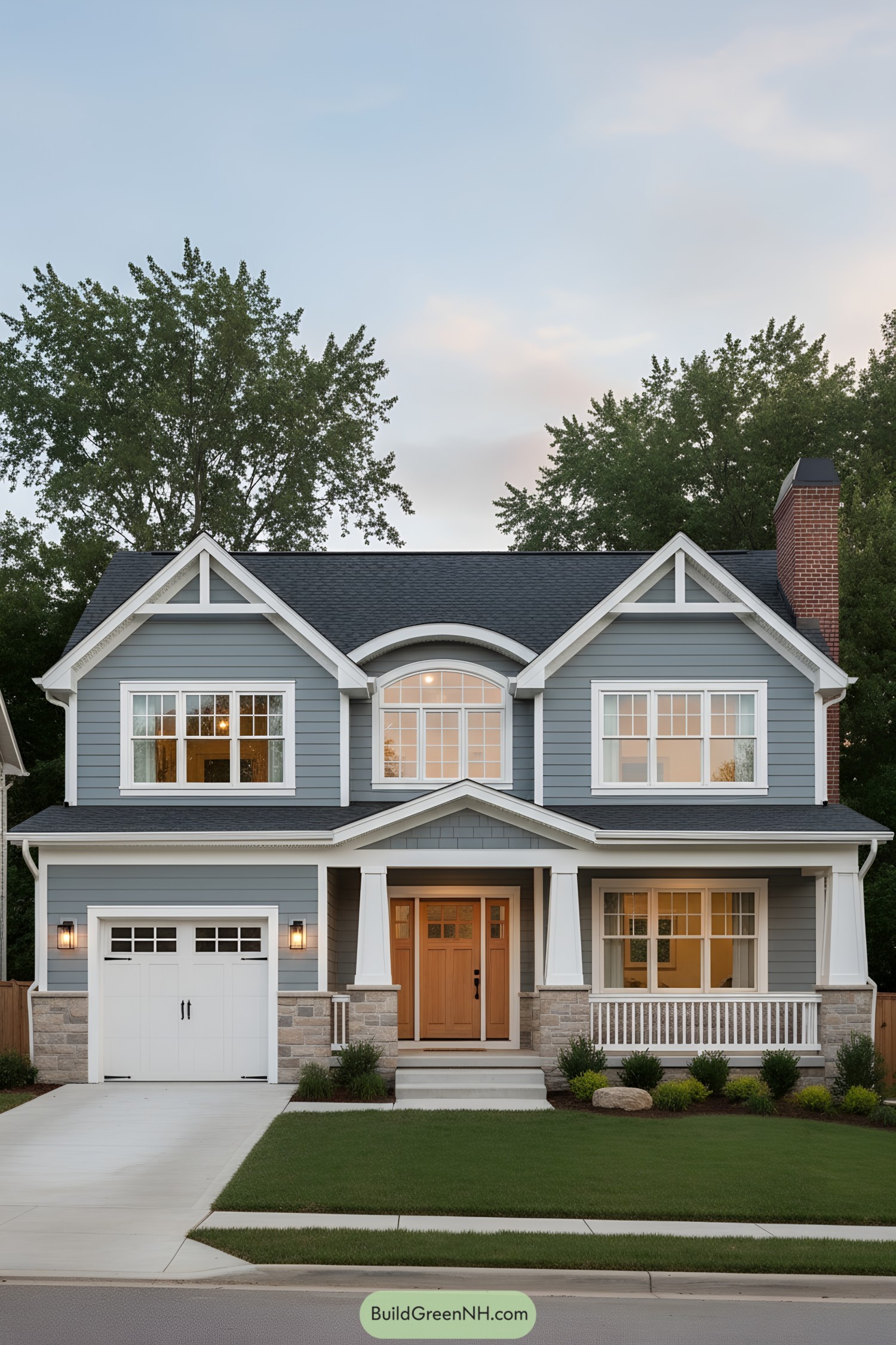 Blue gabled house with porch and dormer