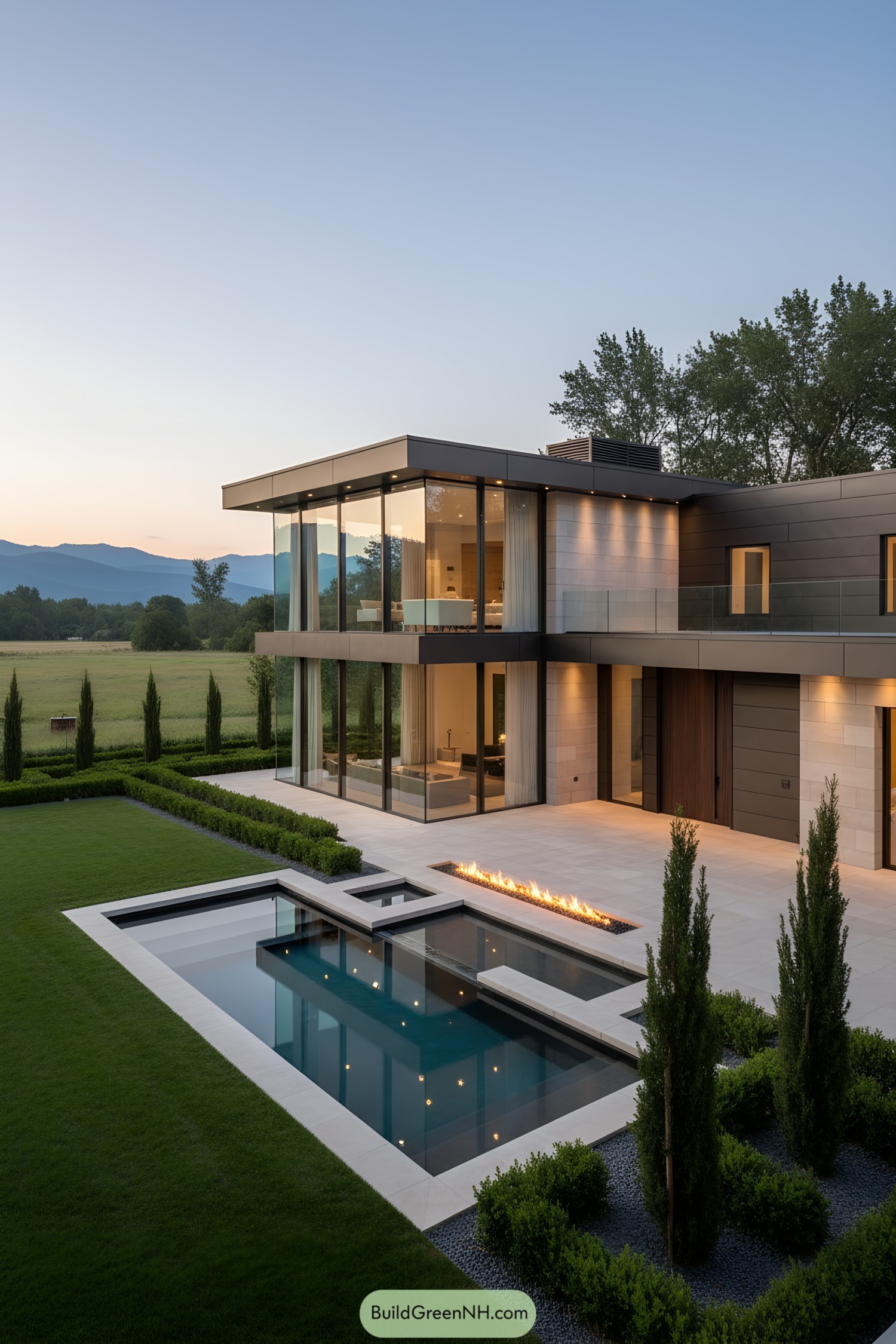 Modern two-story glass house with pool and fire feature