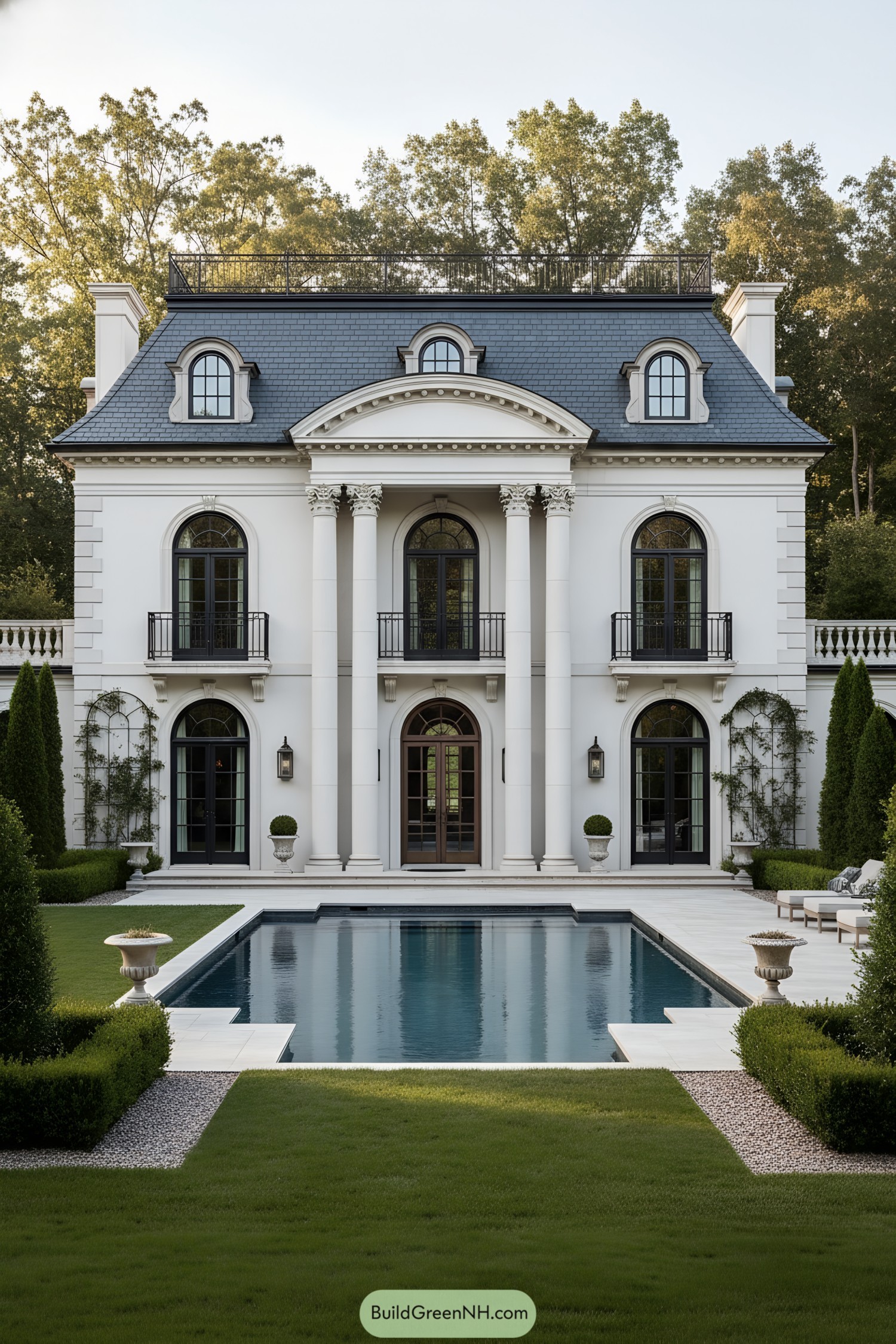 White stucco neoclassical home with pool courtyard