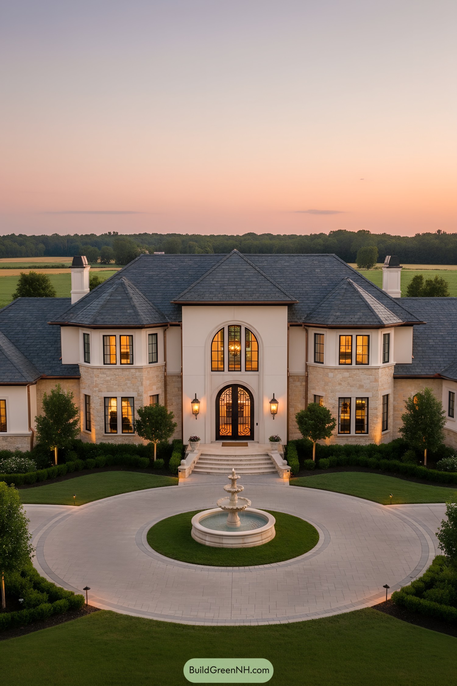 Grand stone manor with slate roof, arched entry, and circular drive with fountain at dusk