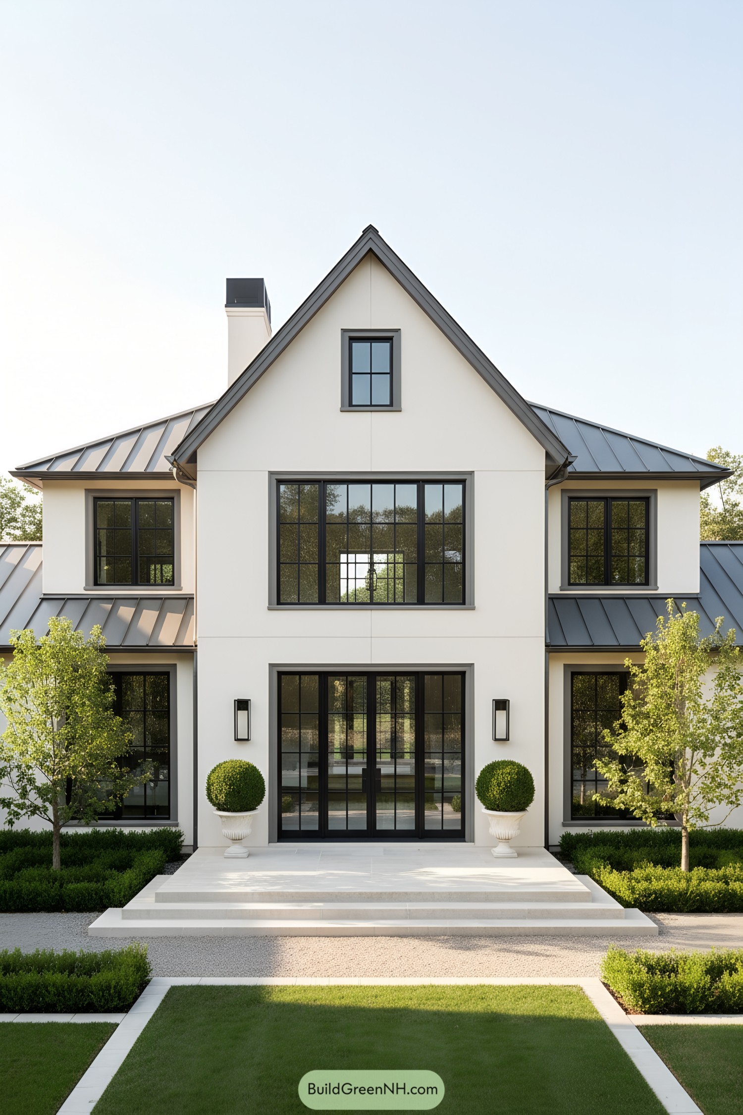 White stucco home with black-framed windows and steep gables, flanked by manicured hedges and urn topiaries. Symmetrical facade with metal roofs and glass double doors