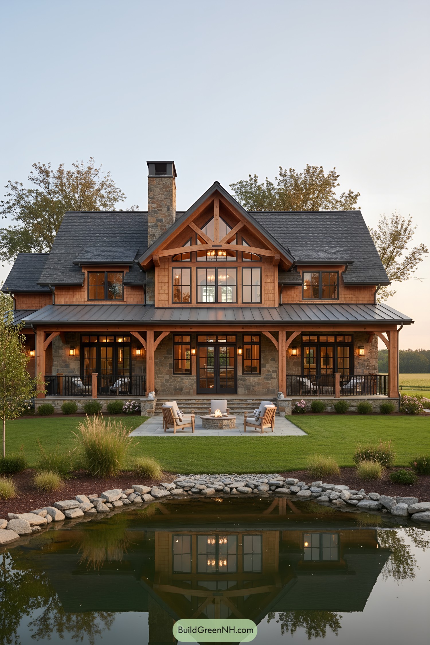 Warm timber-frame home with stone, metal roof, large windows, and pondside fire pit