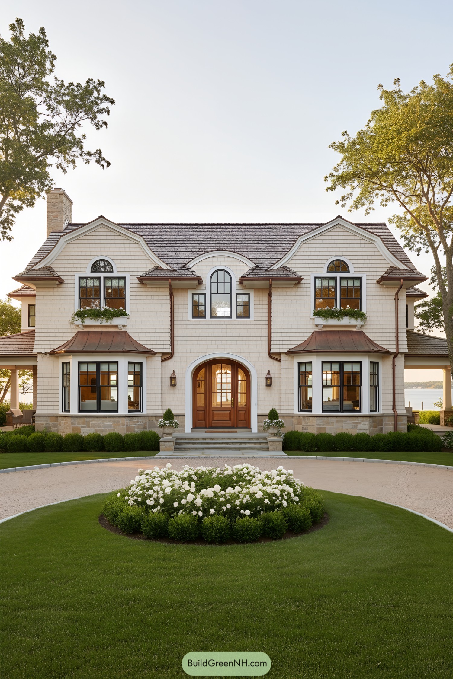 Elegant shingle-style waterfront home with copper accents