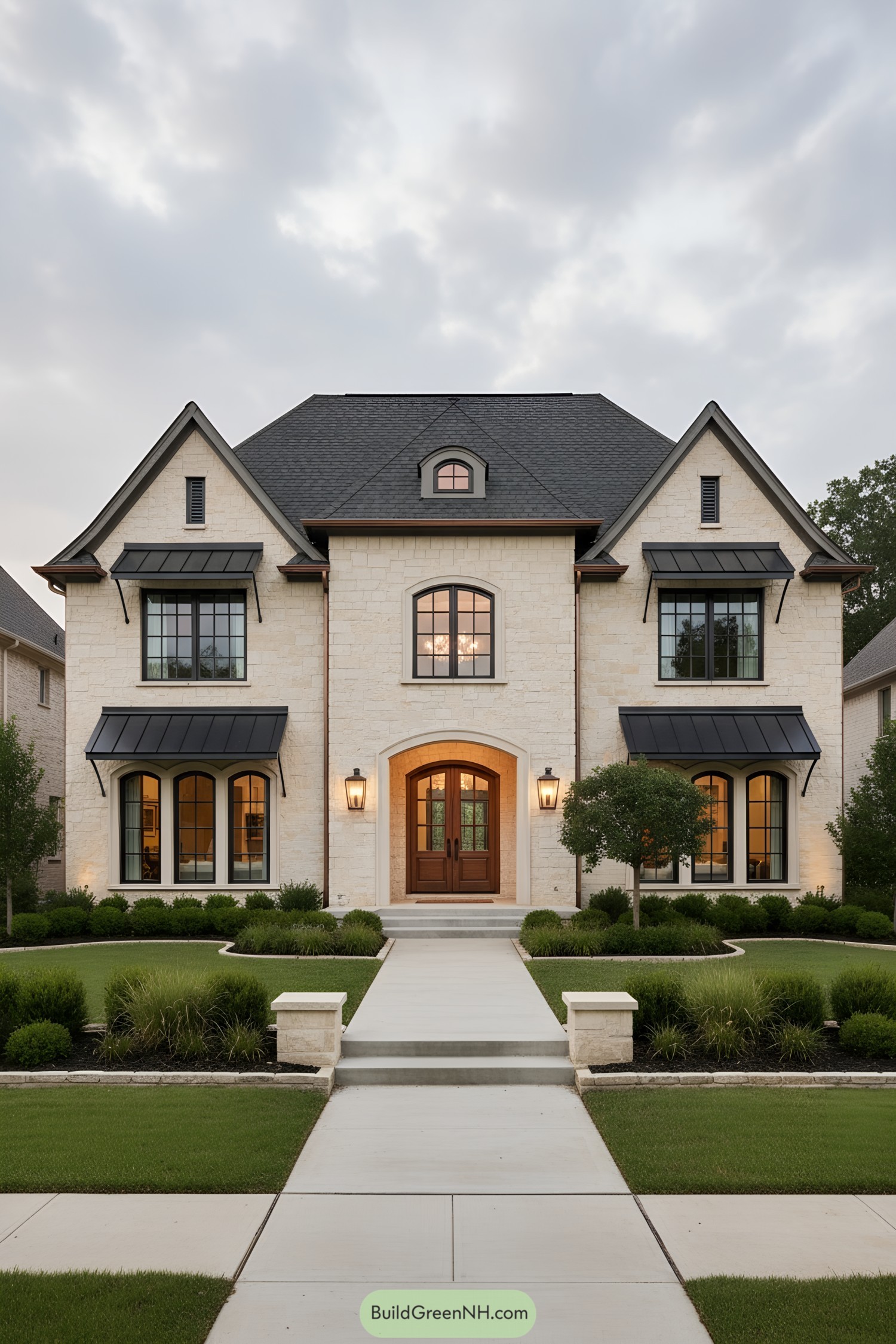 Elegant stone house with black awnings