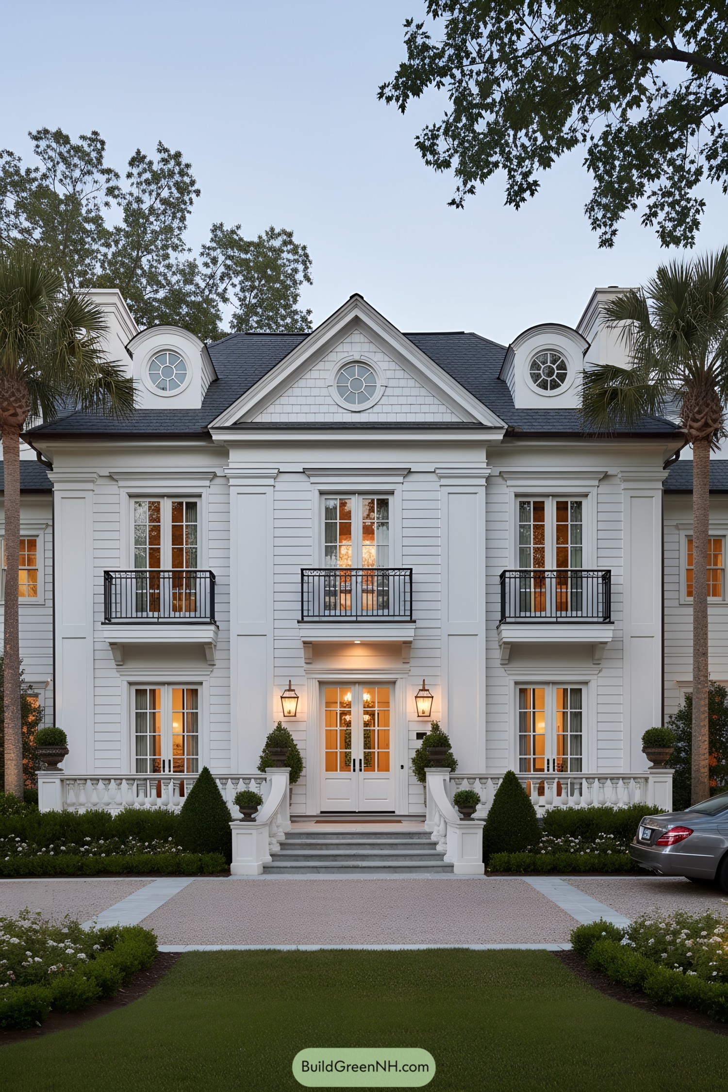 White symmetrical estate with balconies and round dormers