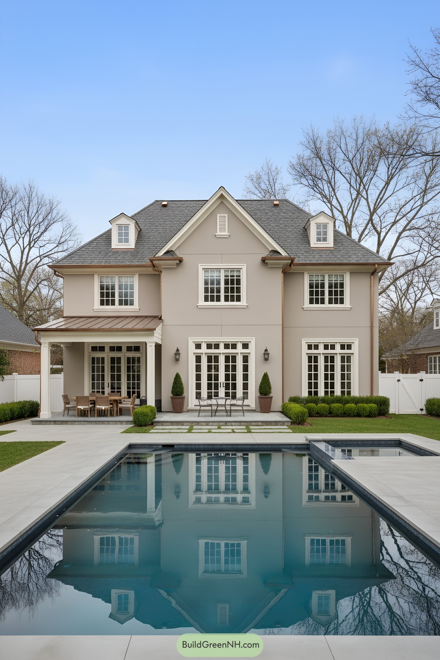 Elegant beige manor with poolside patio