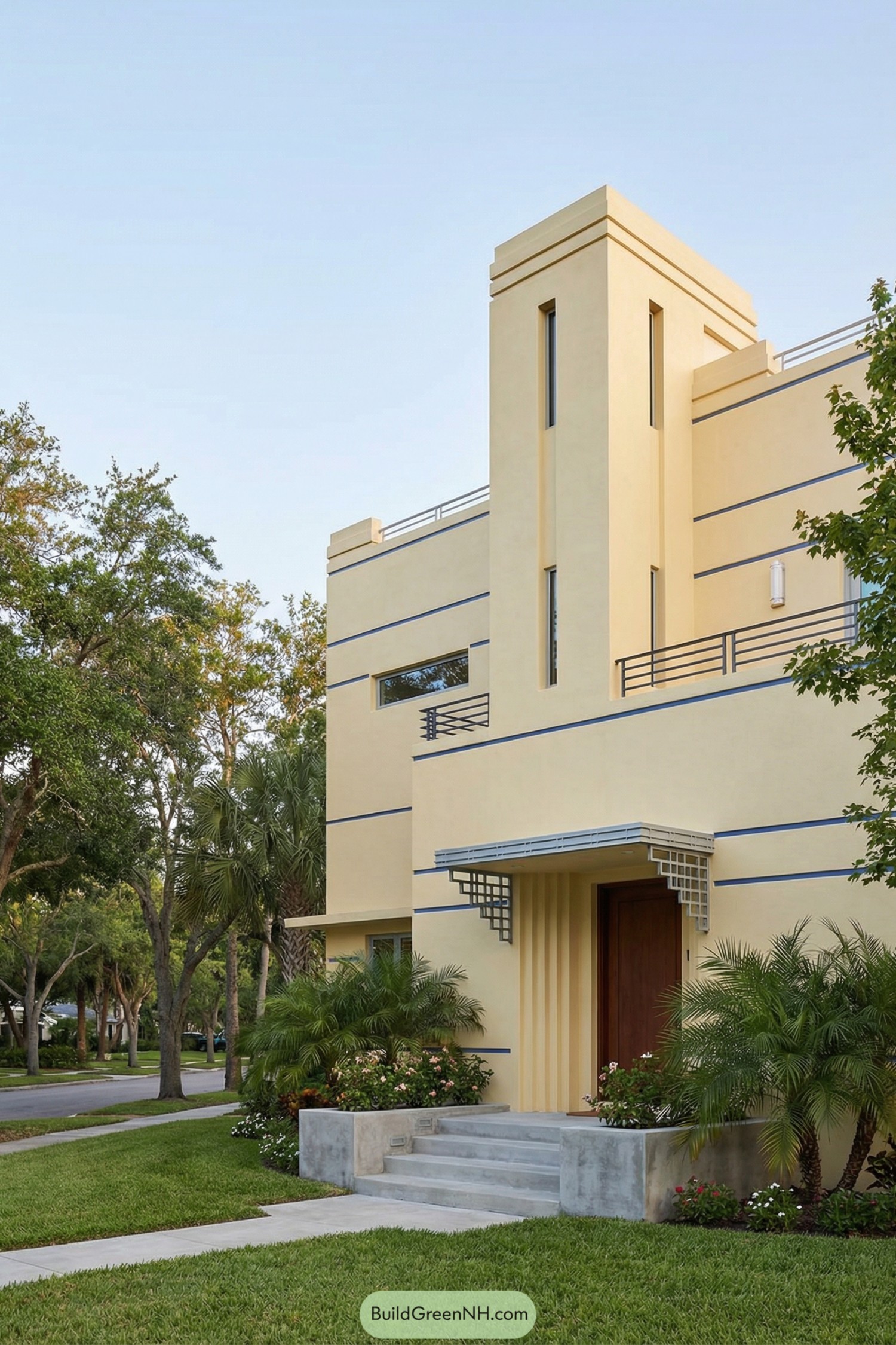 Yellow art deco house with vertical tower and blue banding