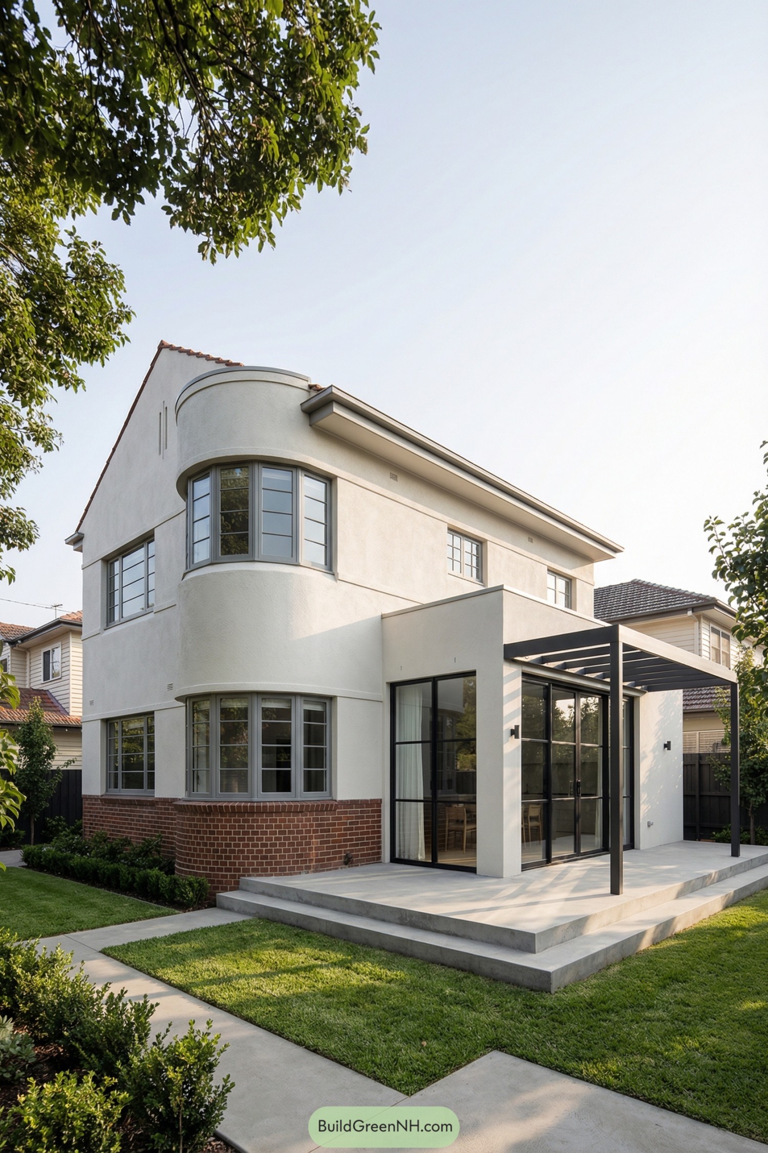 Two-story art deco home with curved bay windows and modern patio pergola