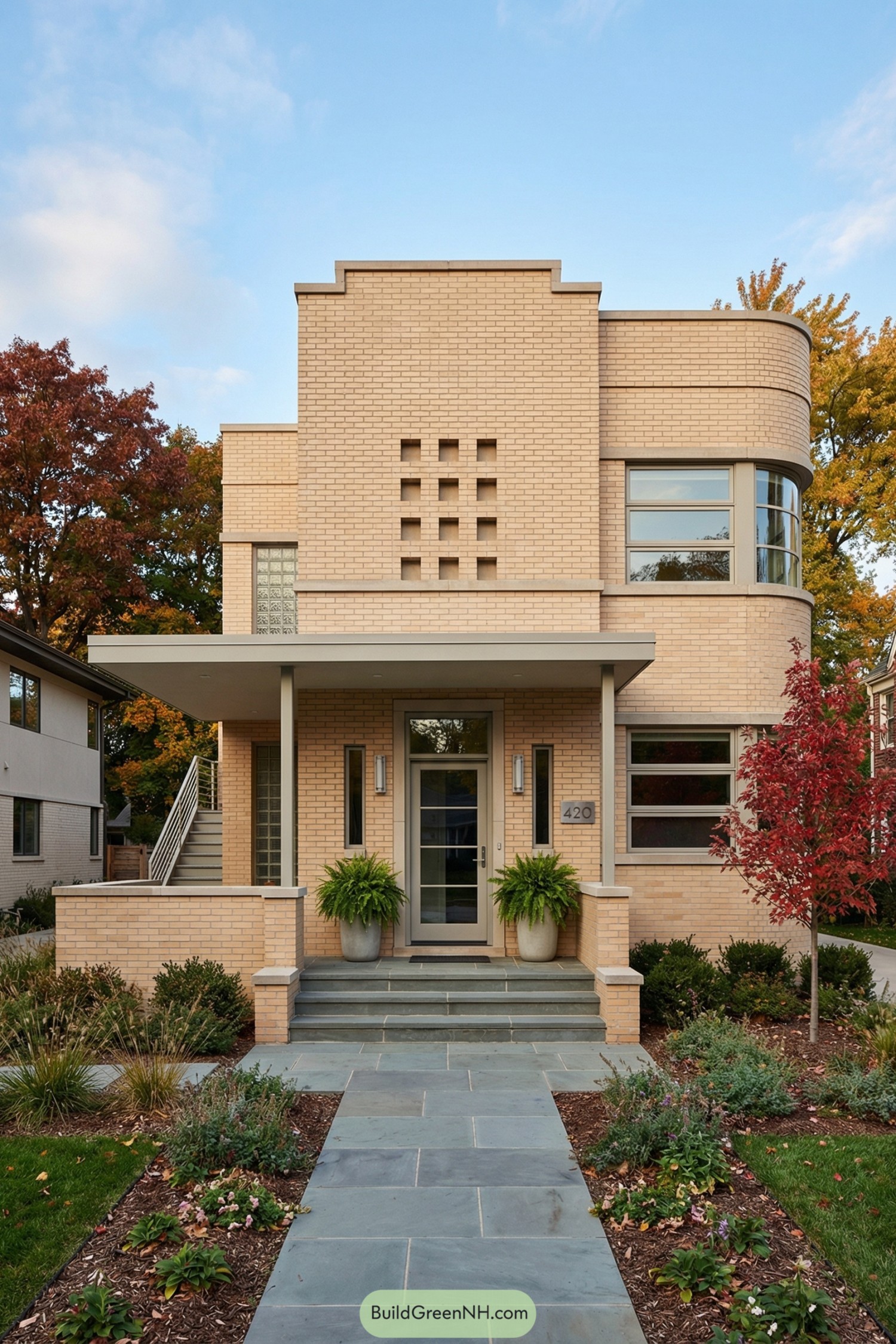 Light brick art deco house with stepped facade, curved corner windows, and a sheltered front entry