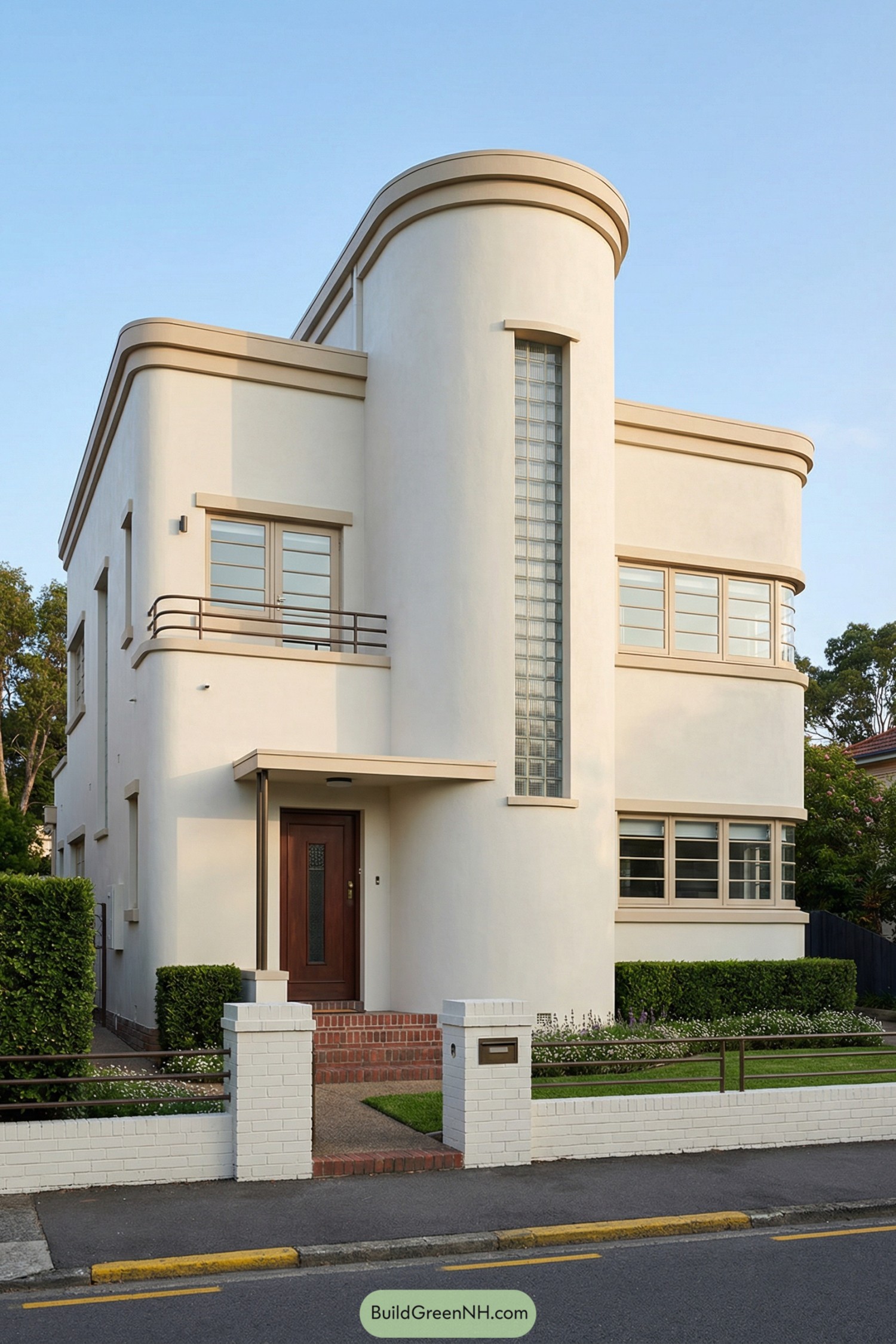 Cream art deco house with curved façade and tall glass-block window