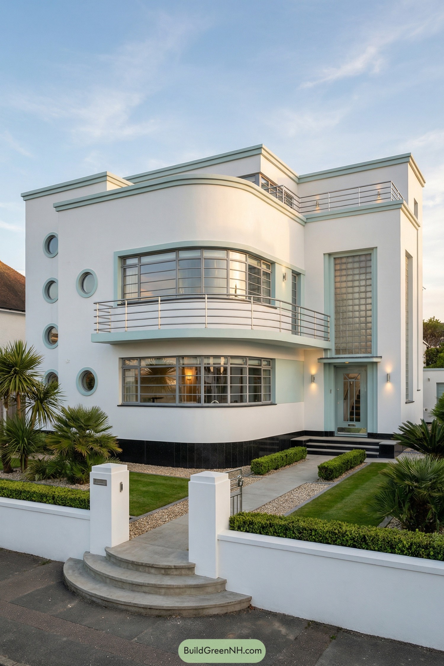 White art deco house with curved facade and porthole windows