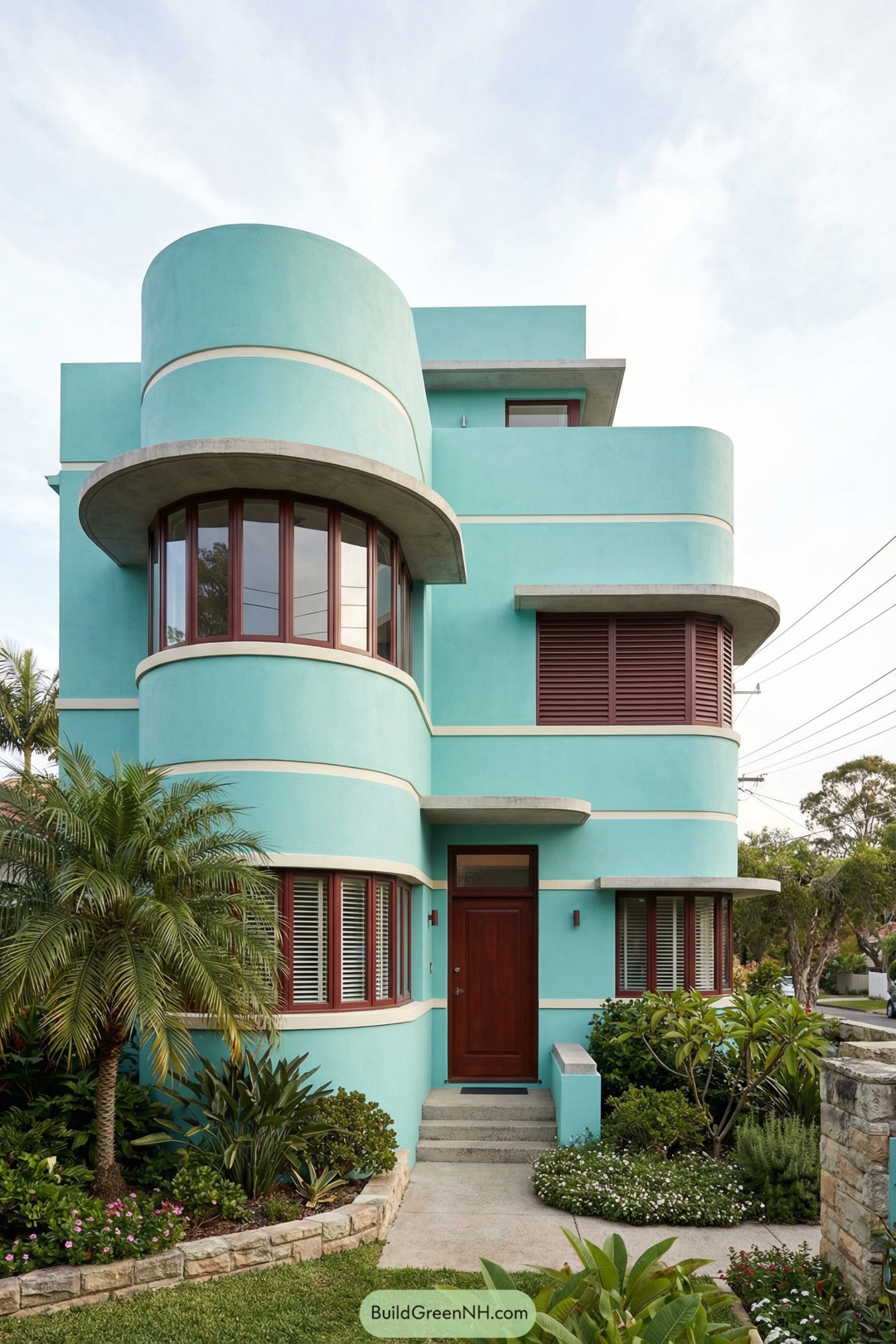 Turquoise curved art deco house with rounded bays and lush front garden