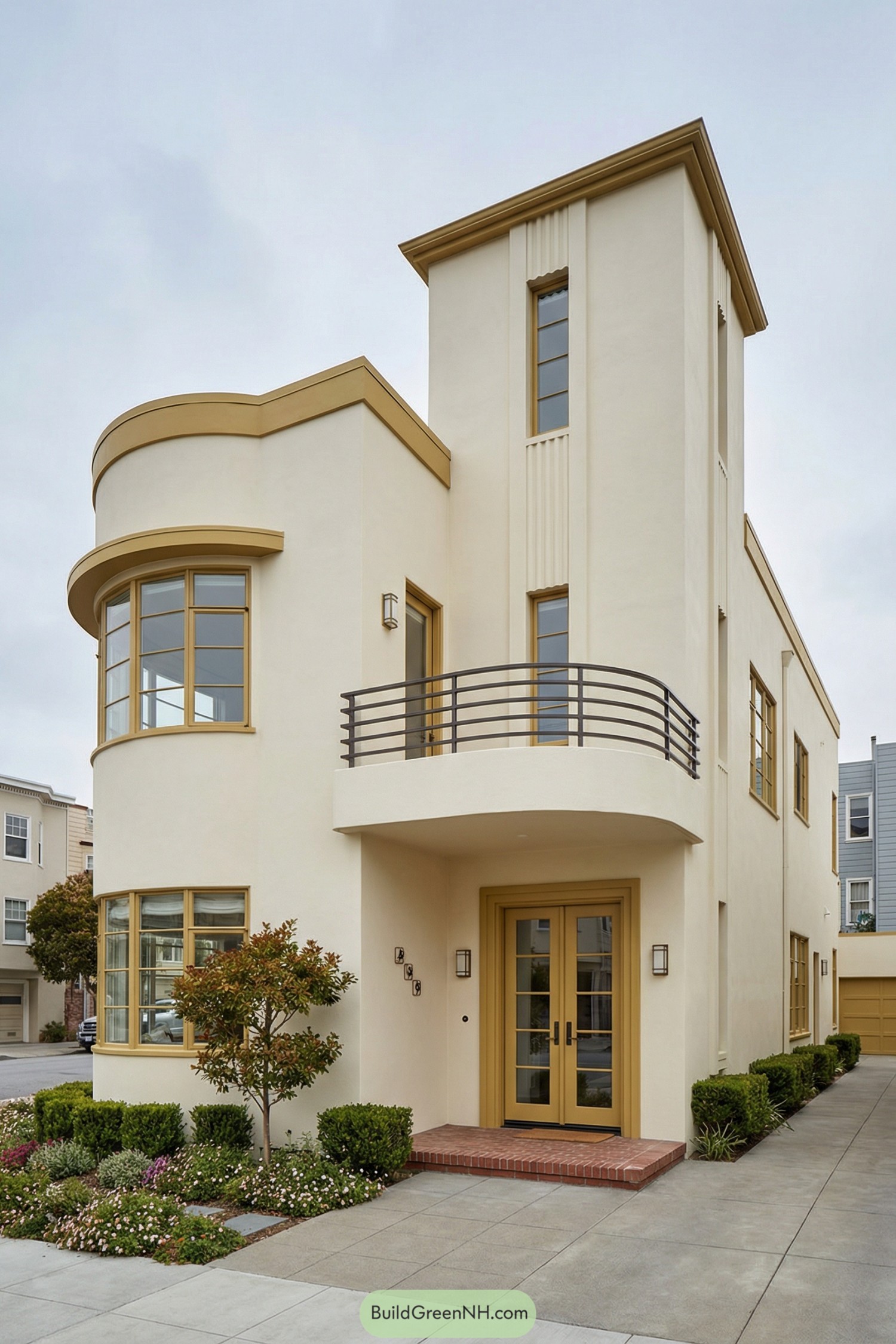 Cream-colored art deco house with tower and curved corner windows