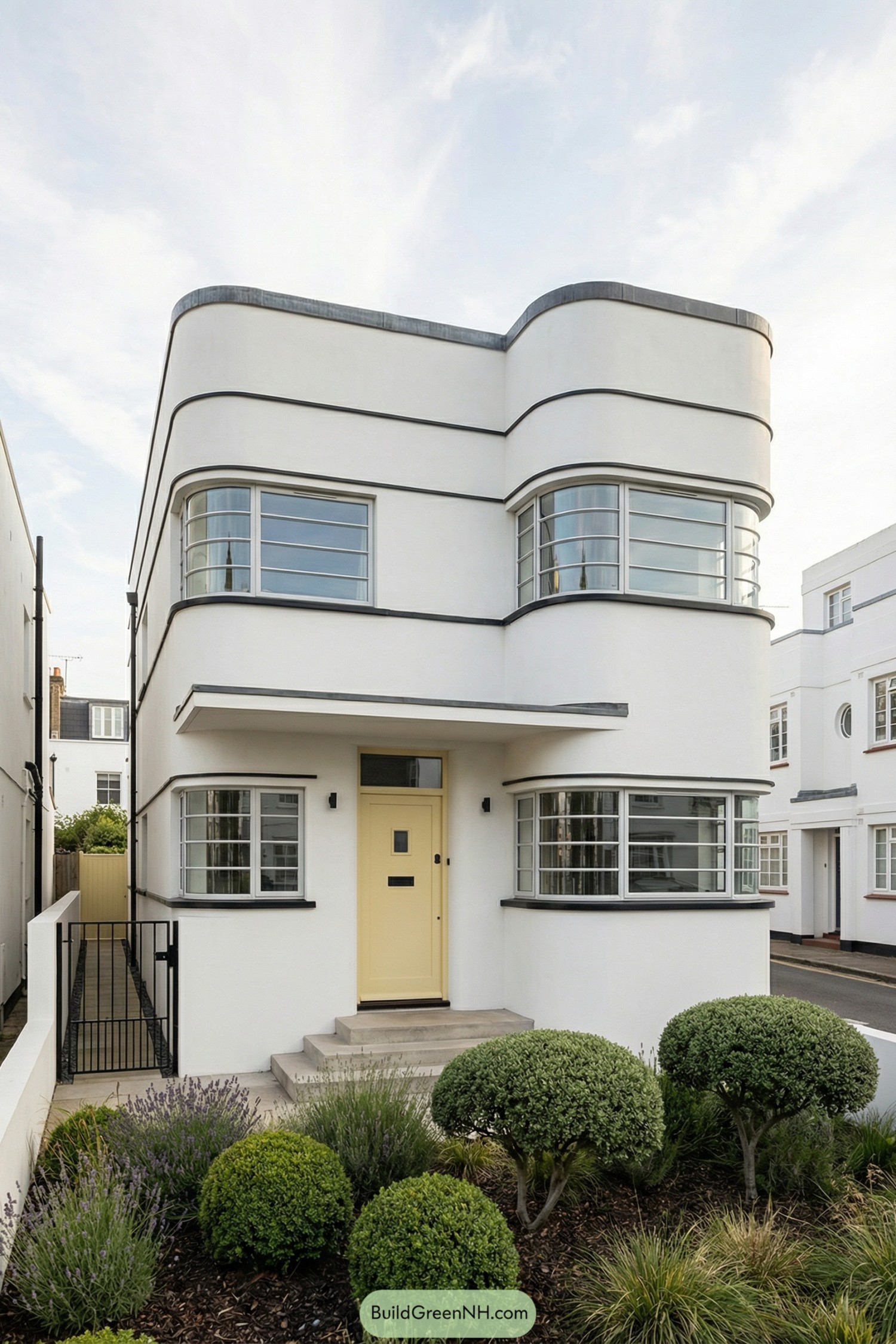 White art deco house with rounded corners