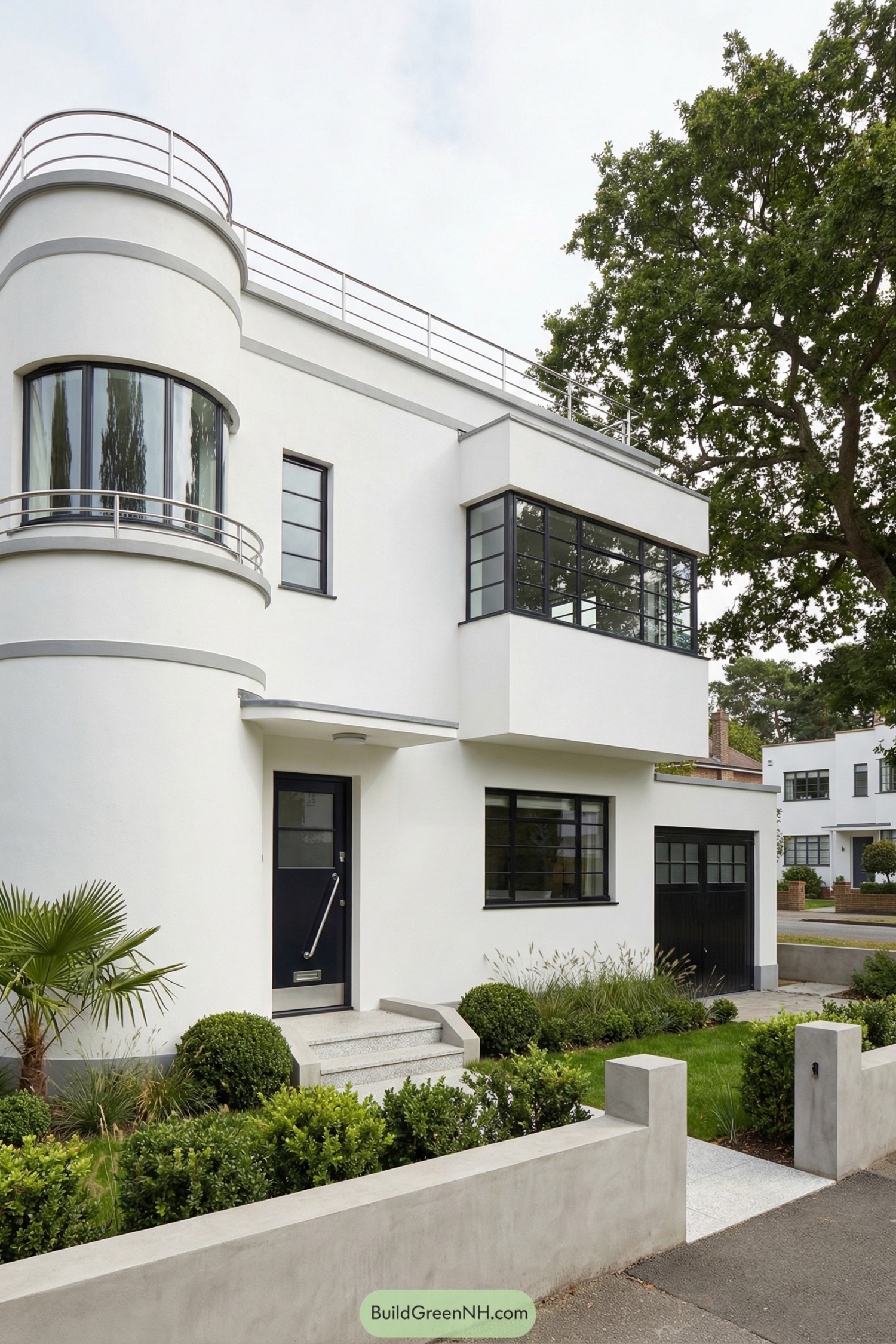 White art deco house with curved corner tower, flat roof, and black-framed windows