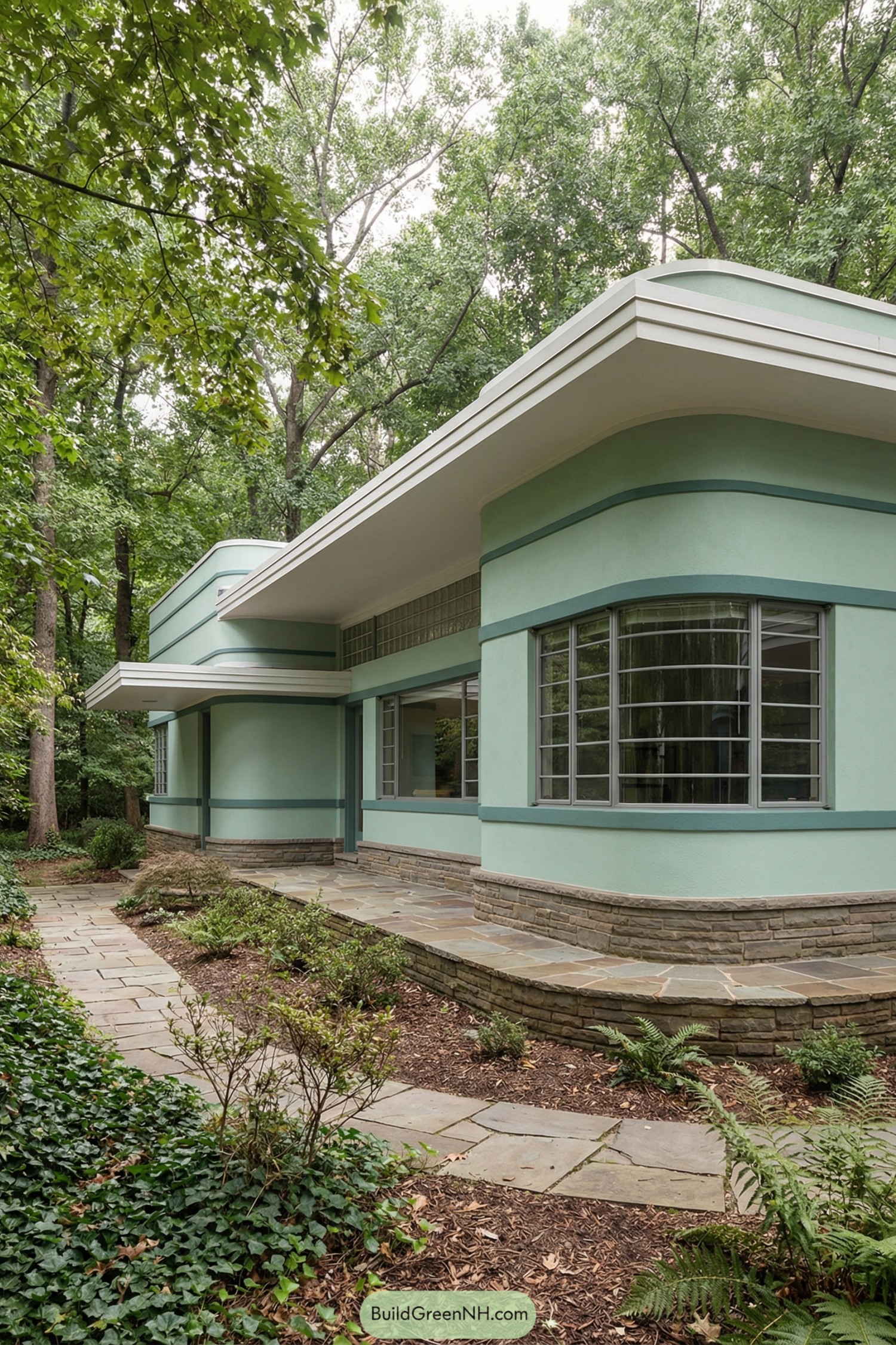Mint green art deco house in woods