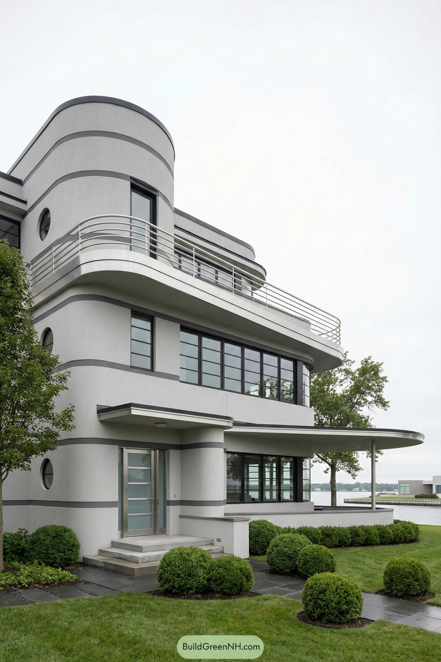 Streamlined gray Art Deco waterfront house with rounded balconies and banded facade