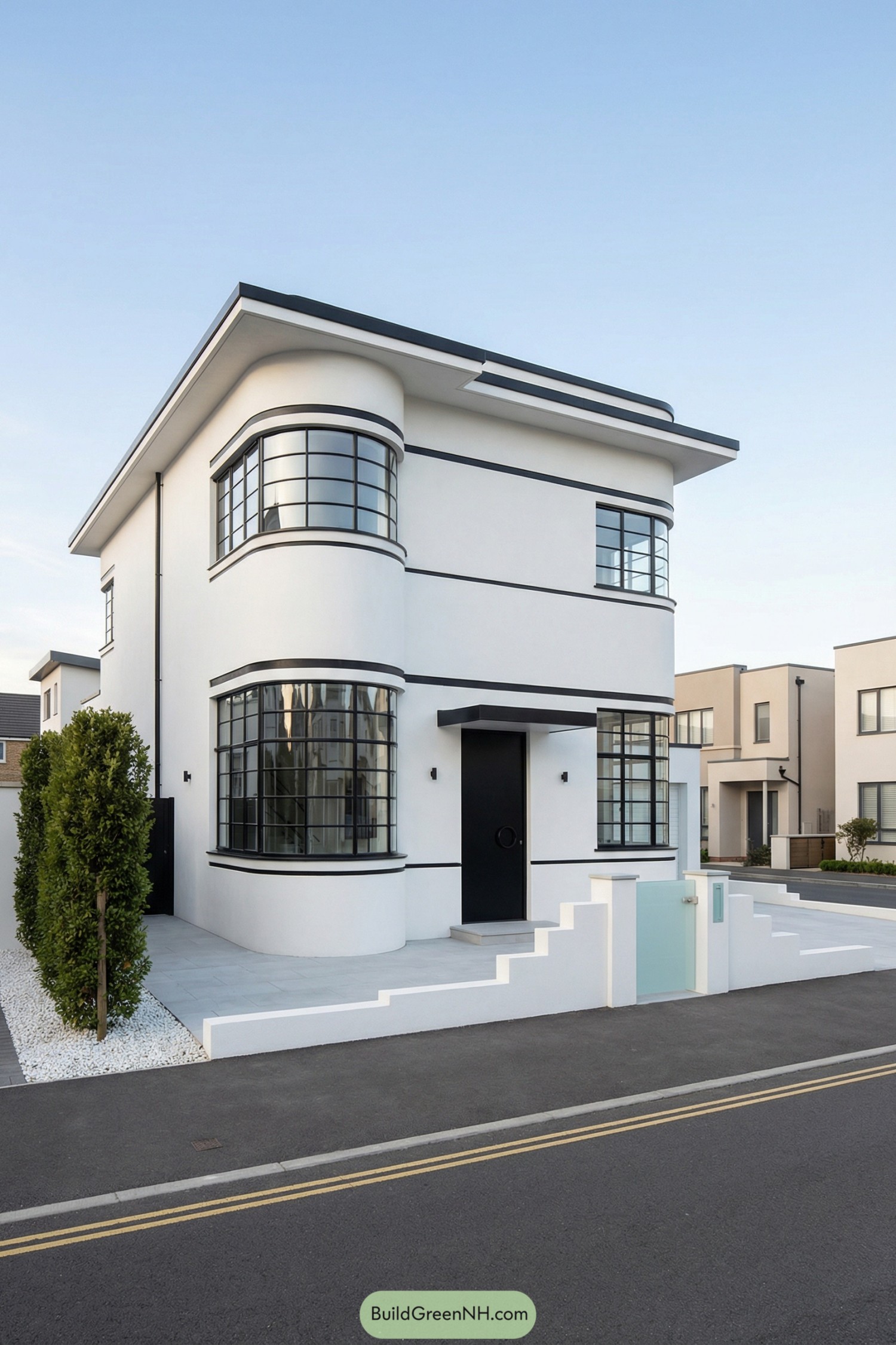 White art deco house with curved steel-framed windows and stepped front wall
