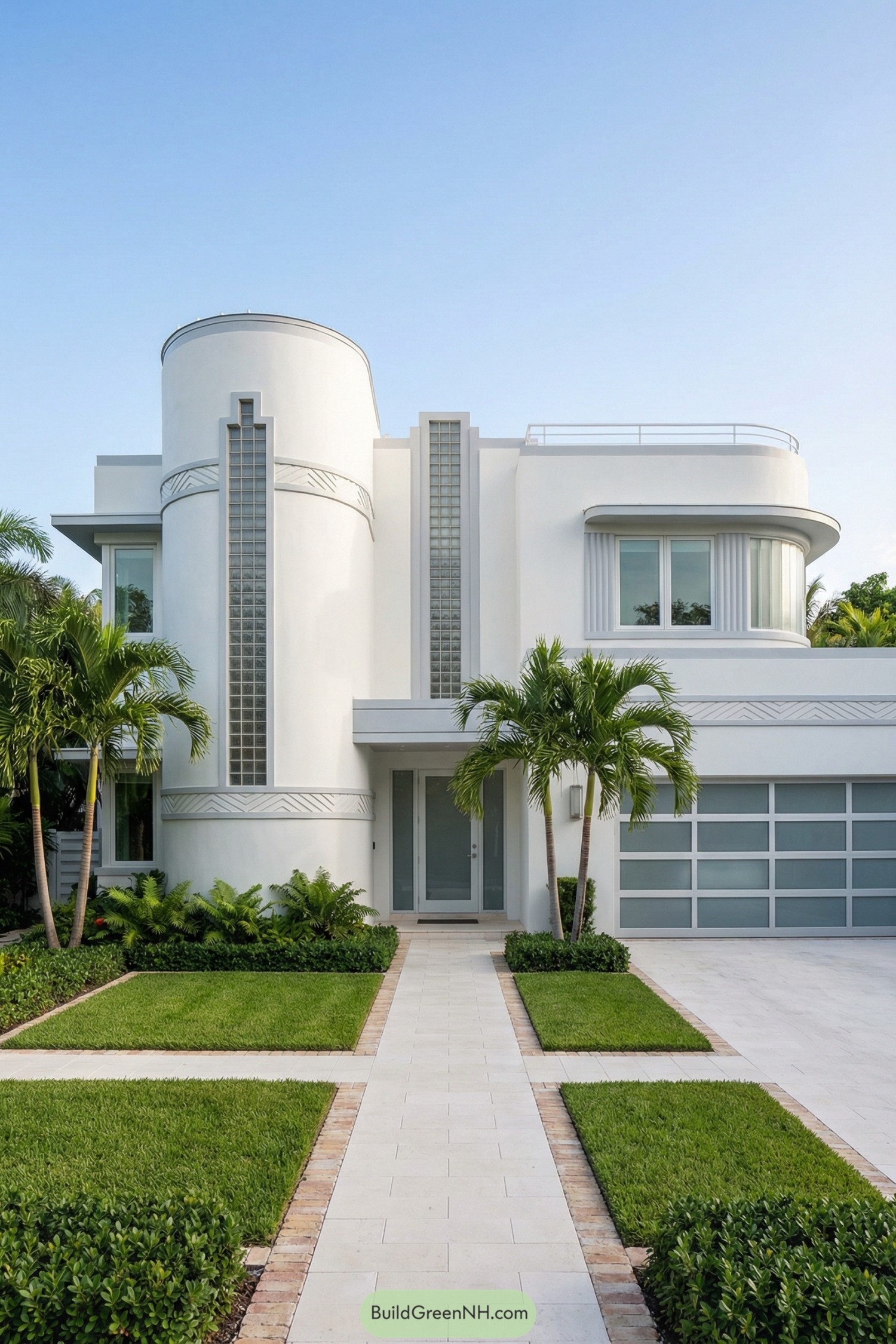 White art deco house with rounded tower