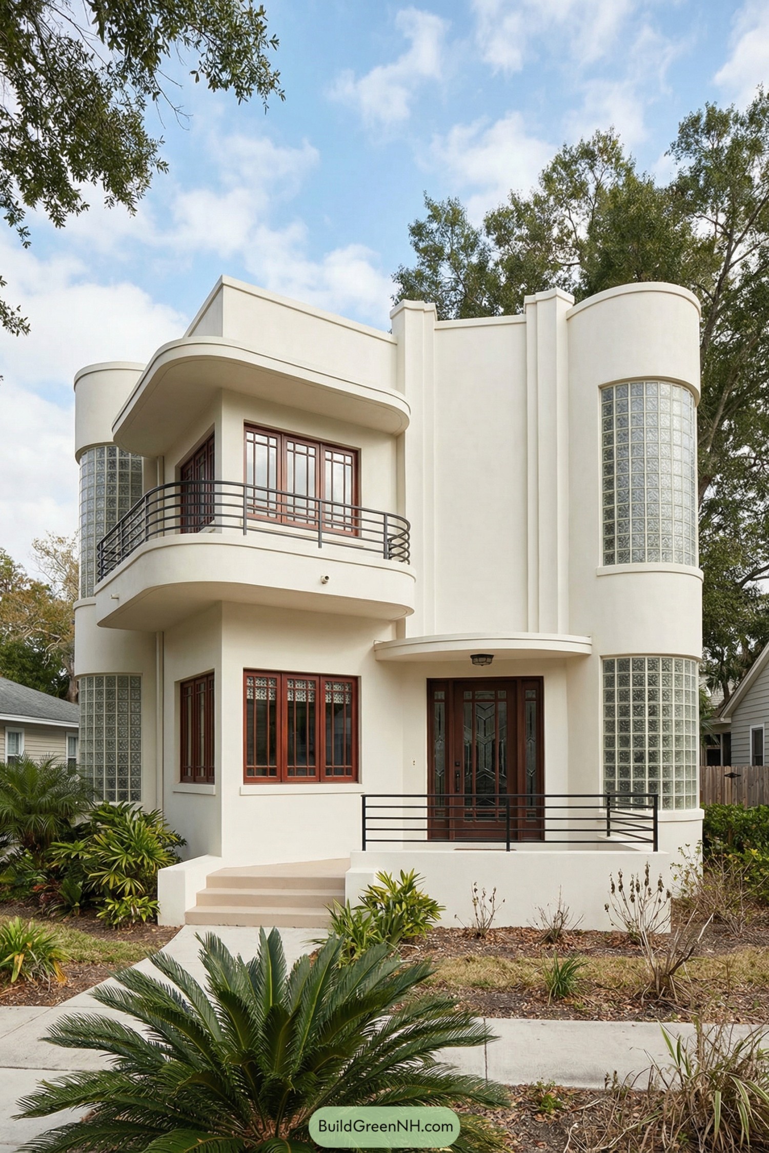 Creamy white art deco house with curved glass-block towers, cantilevered balcony, and dark wood-framed windows