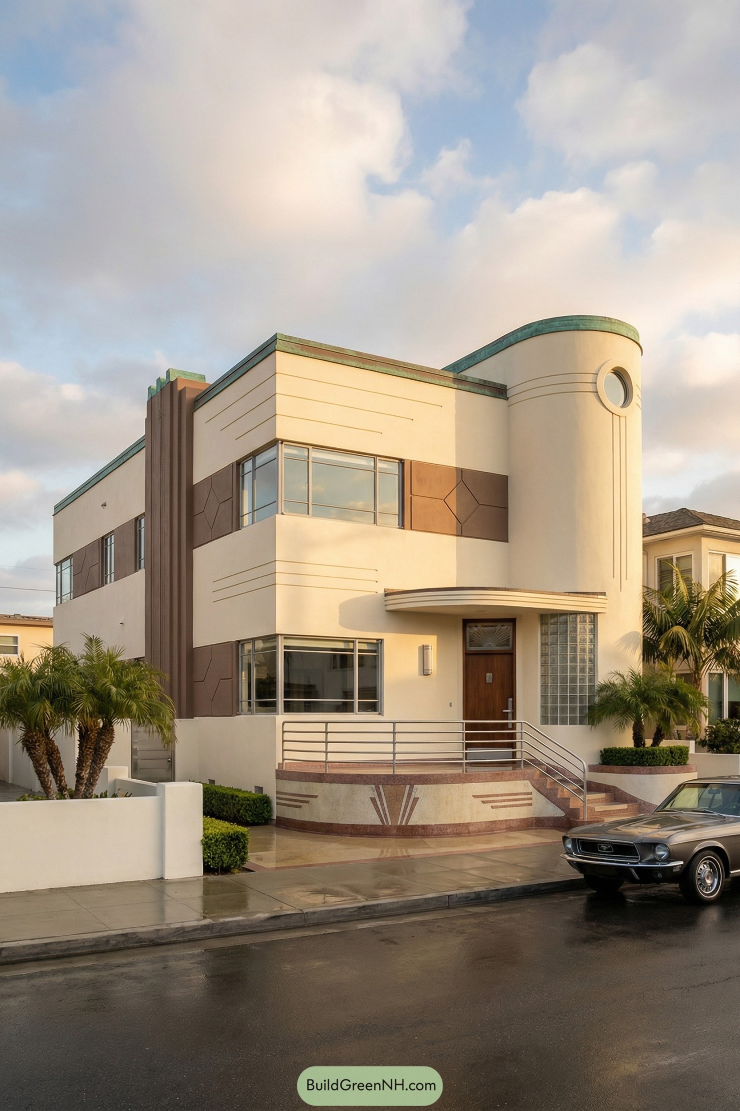 Two-story cream art deco house with rounded corner tower and metal railings