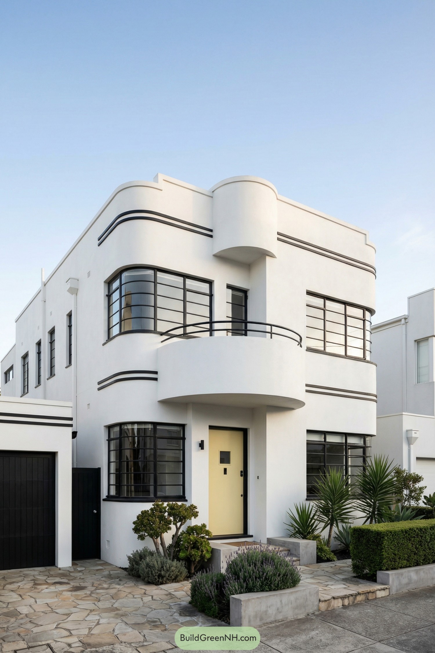 White art deco house with curved facade and black-framed windows