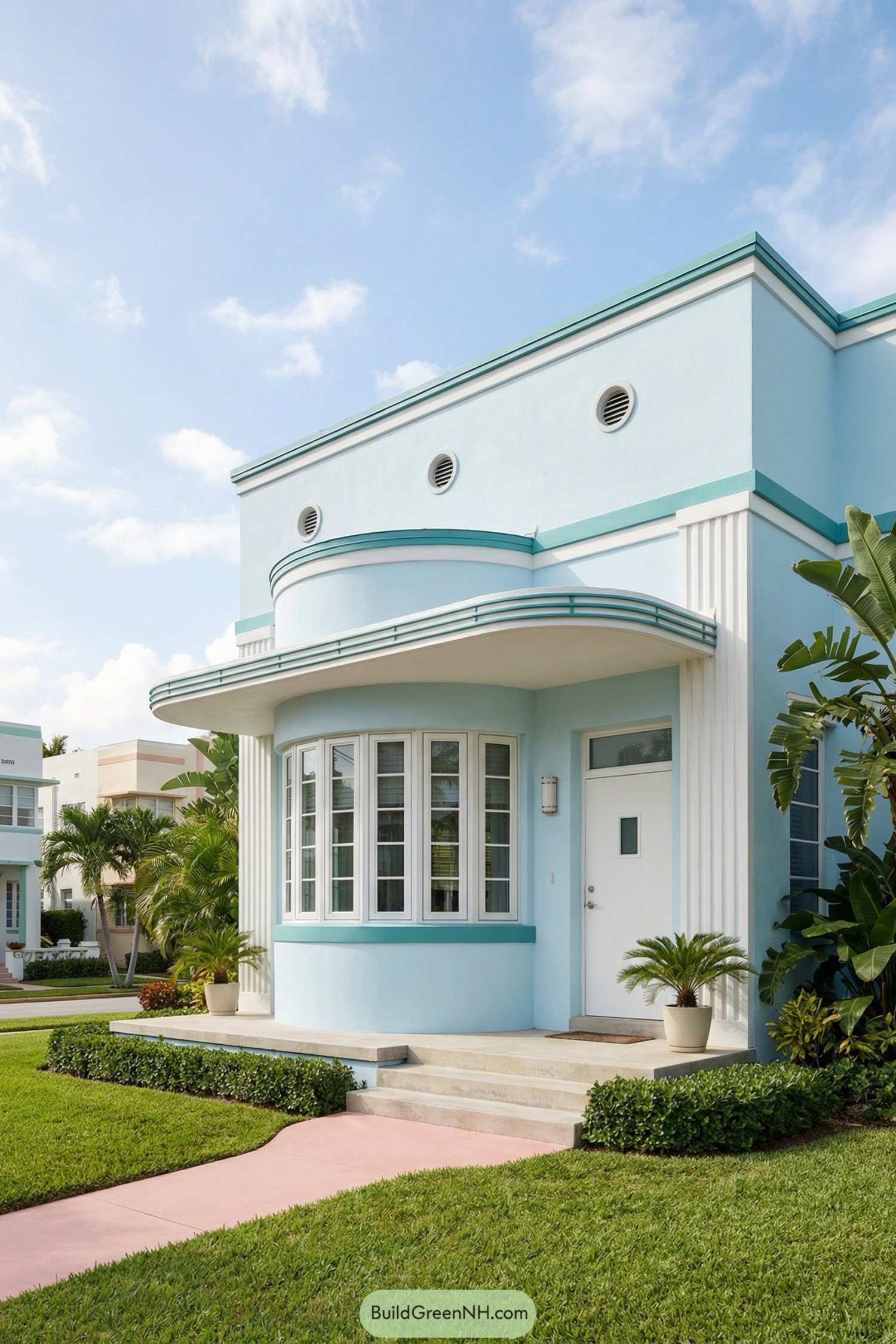 Light blue art deco house exterior with rounded corner and bay windows