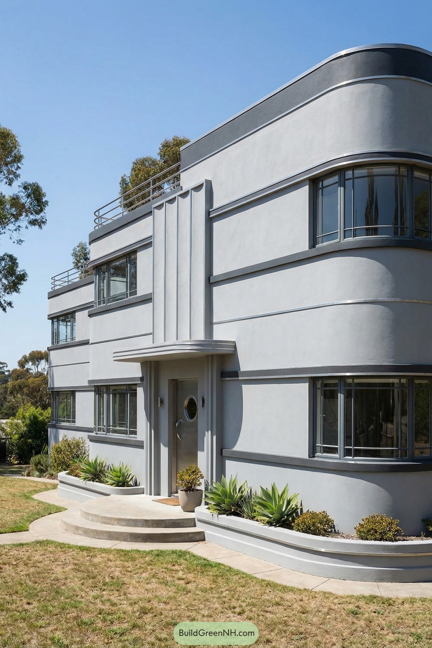 Two-story gray art deco house with rounded corners, horizontal bands, and metal-framed windows