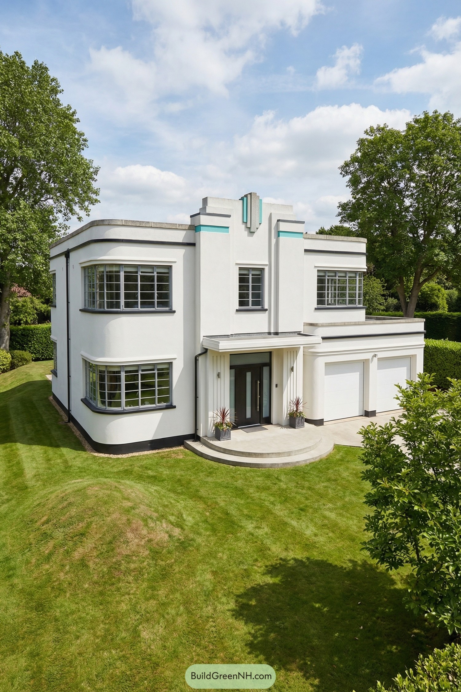 White art deco house with strong geometric lines and curved corner windows