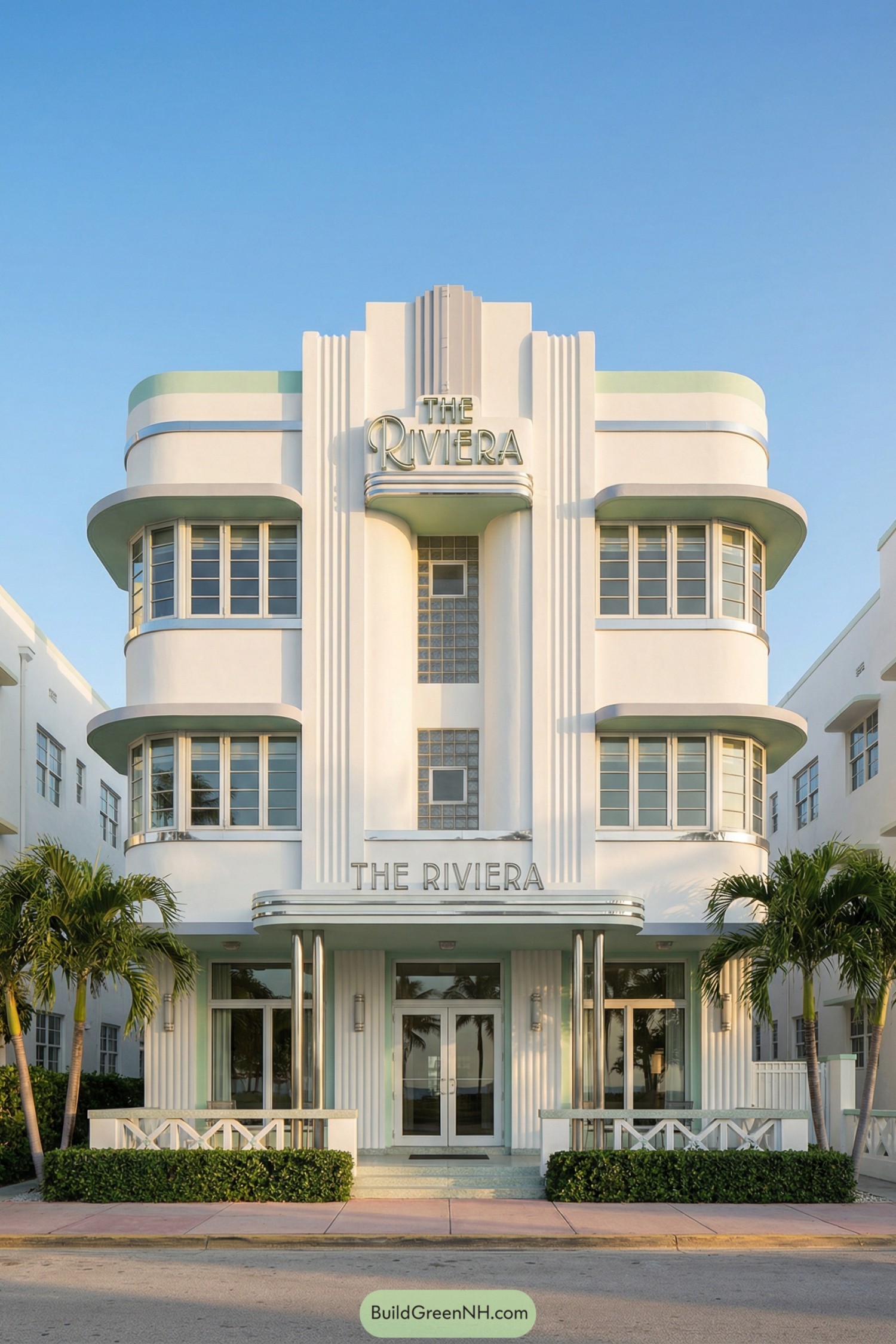 White and mint art deco hotel frontage at sunset