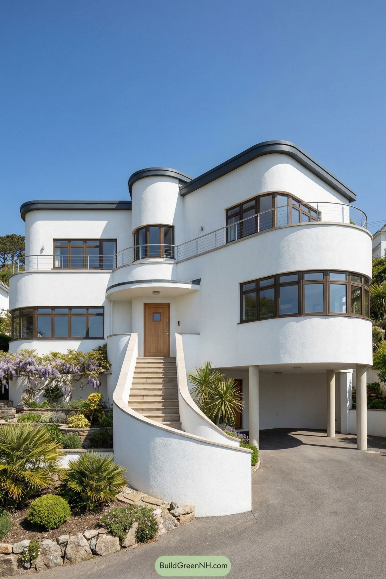 White stucco art deco house with rounded corners, tiered balconies, and a sweeping central staircase framed by coastal landscaping