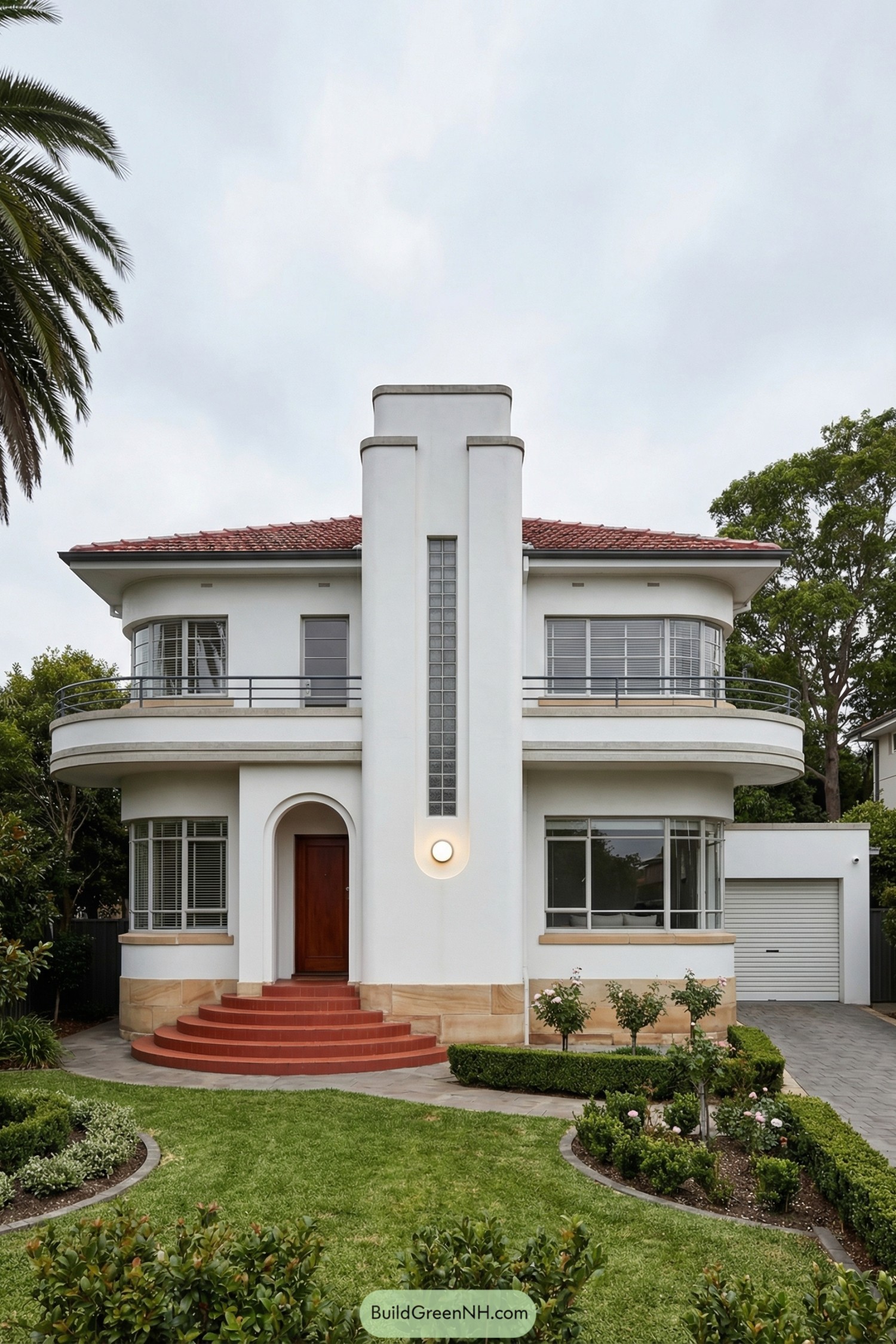 White two-story art deco house with curved balconies and central vertical tower