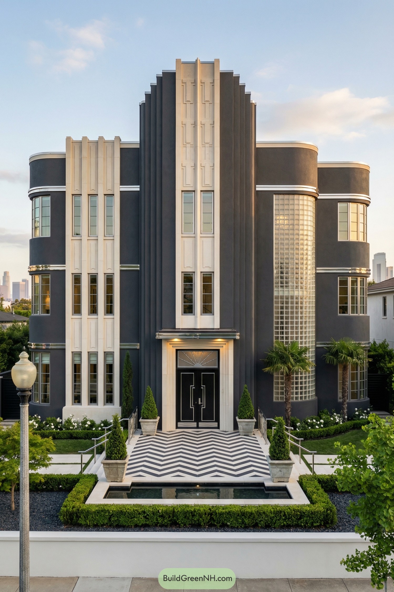 Tall gray-and-cream art deco house with bold vertical lines, rounded corners, and a chevron-tiled entry court